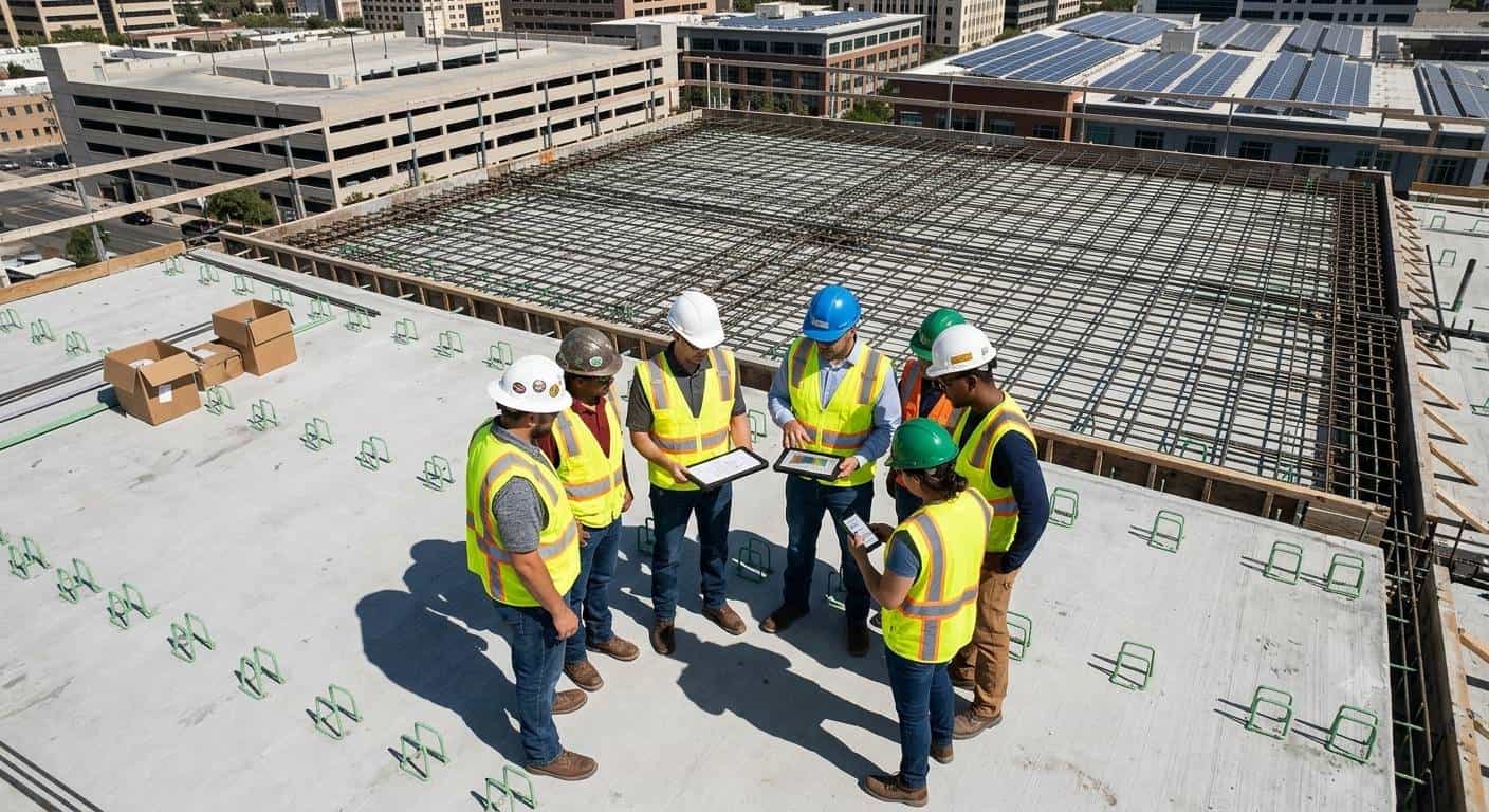 Construction professionals reviewing project information together on site