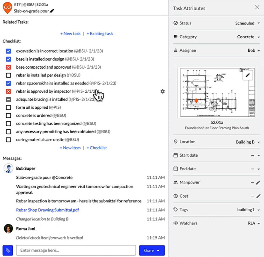 Fieldwire task for a slab-on-grade pour with an attached checklist of tri-state items, task attributes sidebar with plan pin, and a messages thread at task level