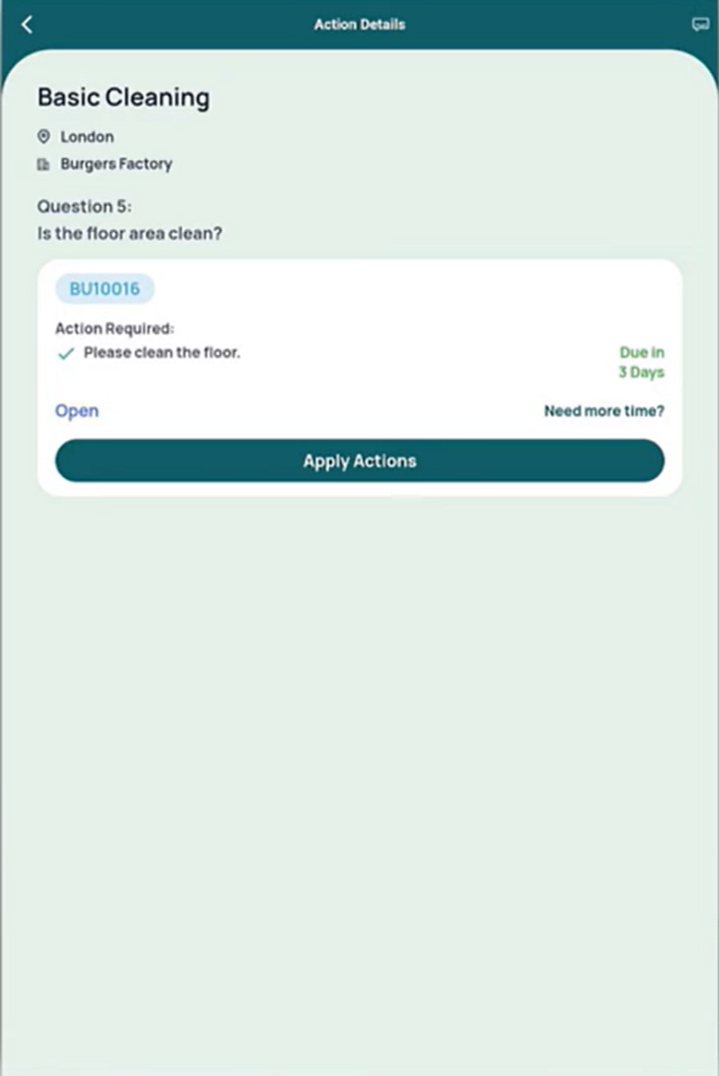 GoAudits action details screen showing a required action raised against question five of a cleaning audit, with a due date and an Apply Actions button