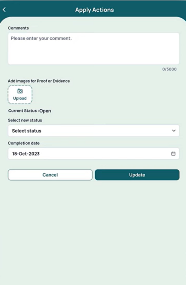 GoAudits Apply Actions form with a comment box, proof image upload, status dropdown and completion date field