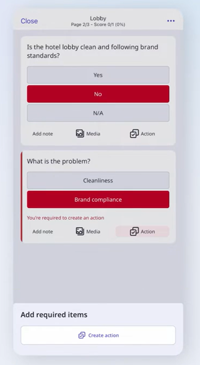 Mitti inspection screen where answering No reveals a follow-up question card asking what the problem is, with a required action prompt