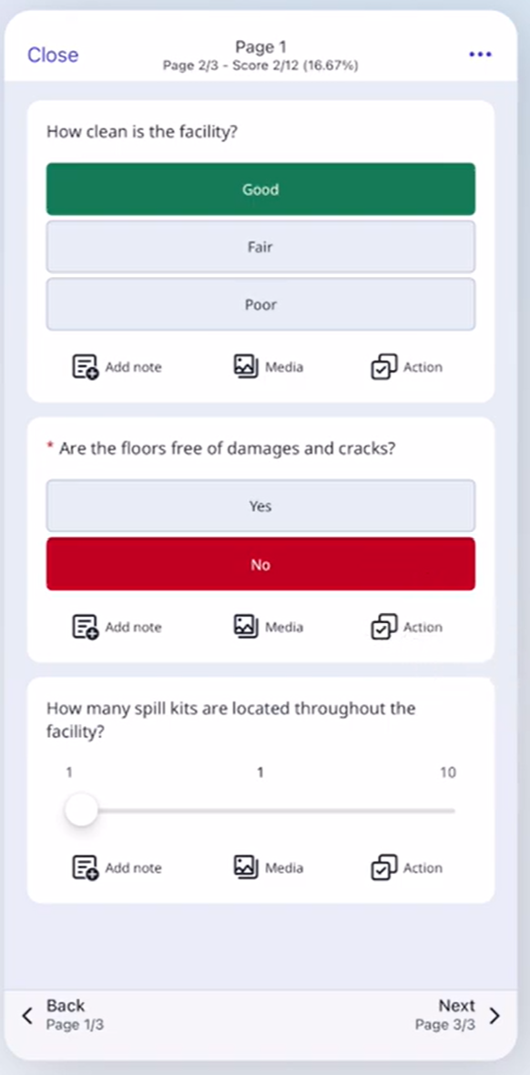 Mitti inspection page showing a Good/Fair/Poor rating, a Yes/No question, a 1 to 10 numeric slider, and a running score percentage