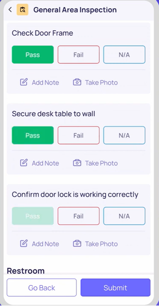Xenia general area inspection showing Pass, Fail and N/A buttons per item with Add Note and Take Photo options