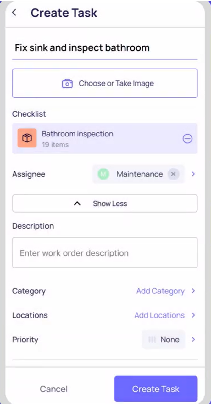 Xenia Create Task form with an empty title, checklist picker, assignee, description, category, location and priority fields
