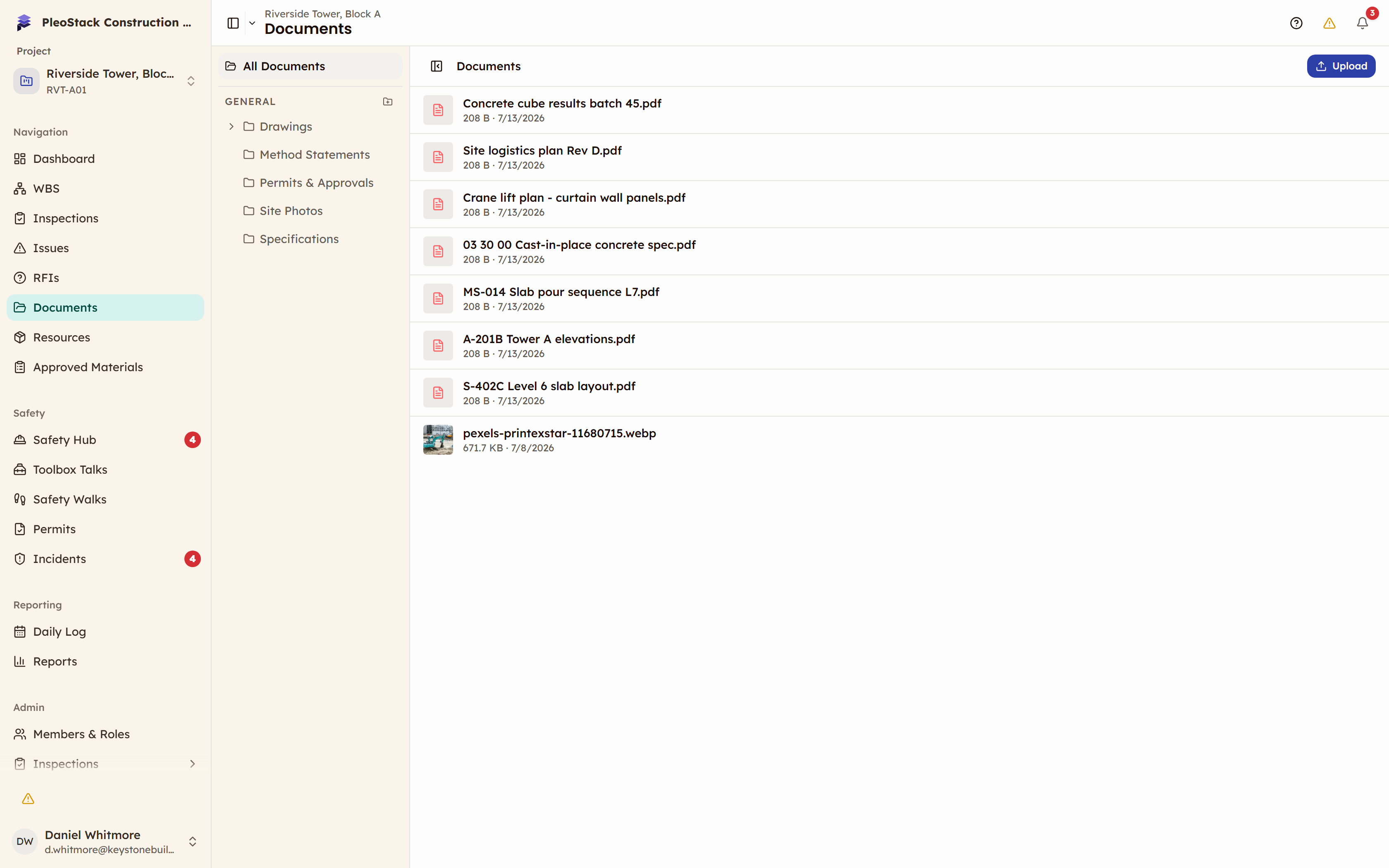 PleoStack Documents interface showing the project folder tree beside the project file list