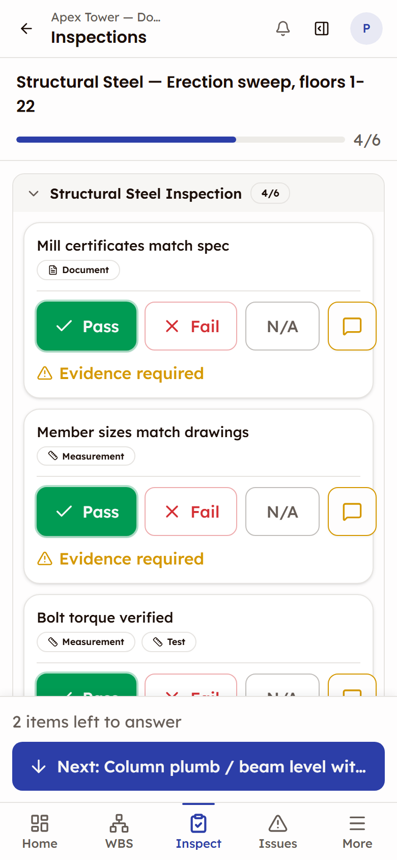 A structural steel erection inspection on a phone titled Erection sweep, floors 1-22, showing Document and Measurement evidence chips, large Pass, Fail and N/A buttons, Evidence required warnings, and a 4 of 6 progress counter