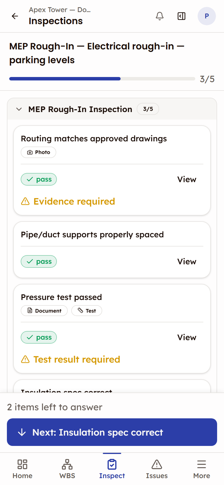 An MEP rough-in inspection on a phone showing Photo, Document and Test evidence chips on checklist items and an Evidence required warning blocking a passed item