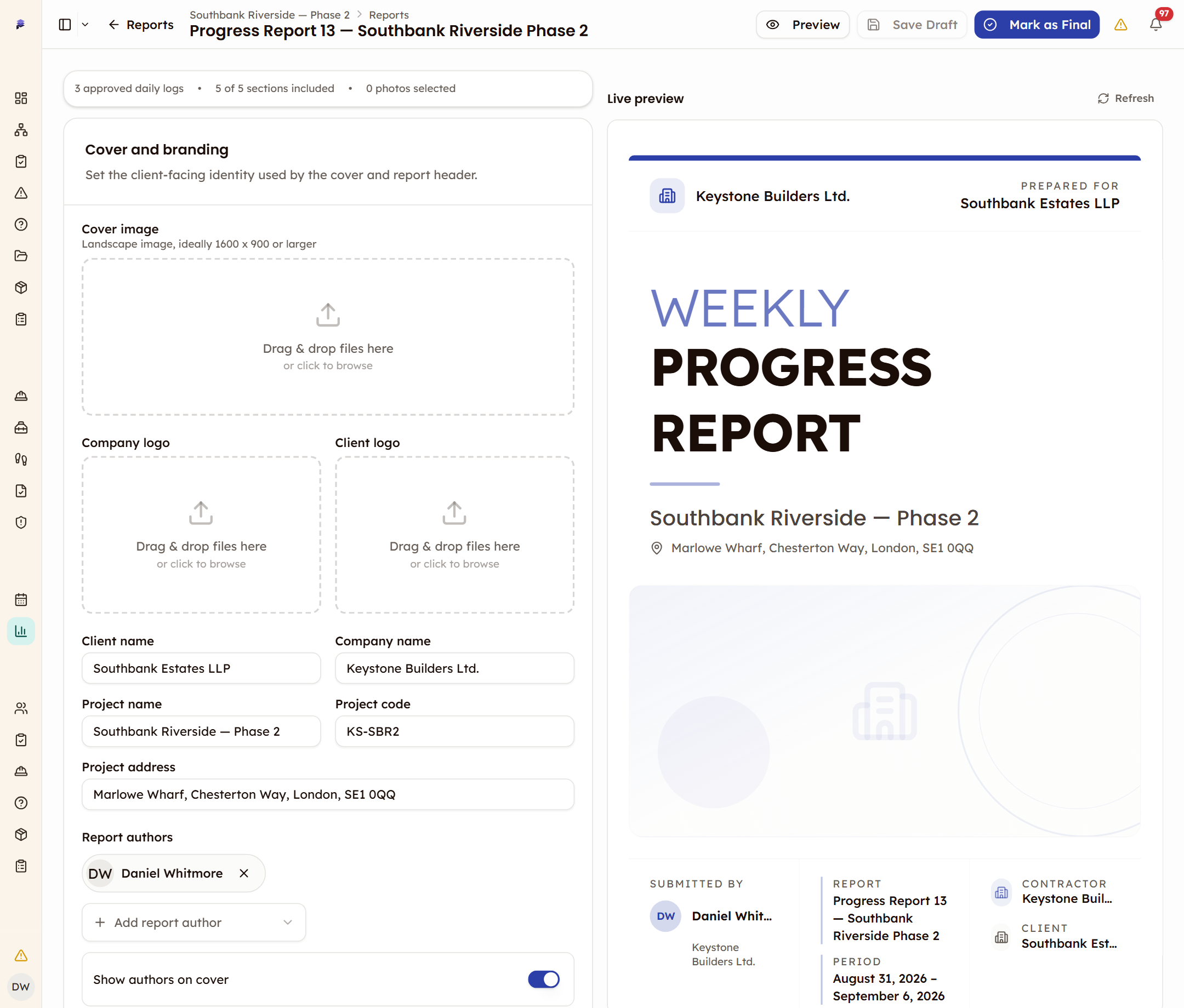 PleoStack Client Reports interface showing report composer and preview