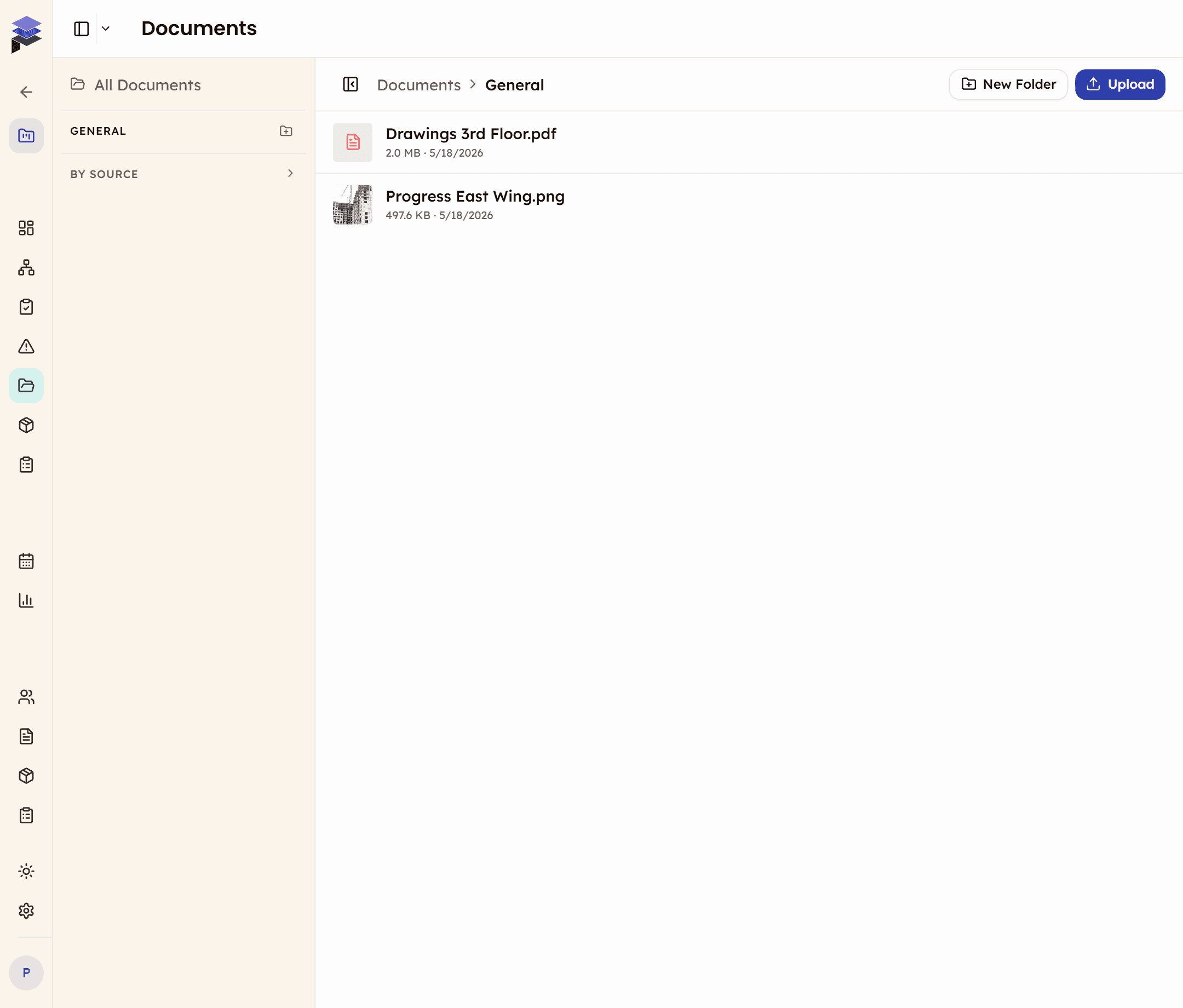 PleoStack Documents interface showing two-panel layout with folder tree and file browser