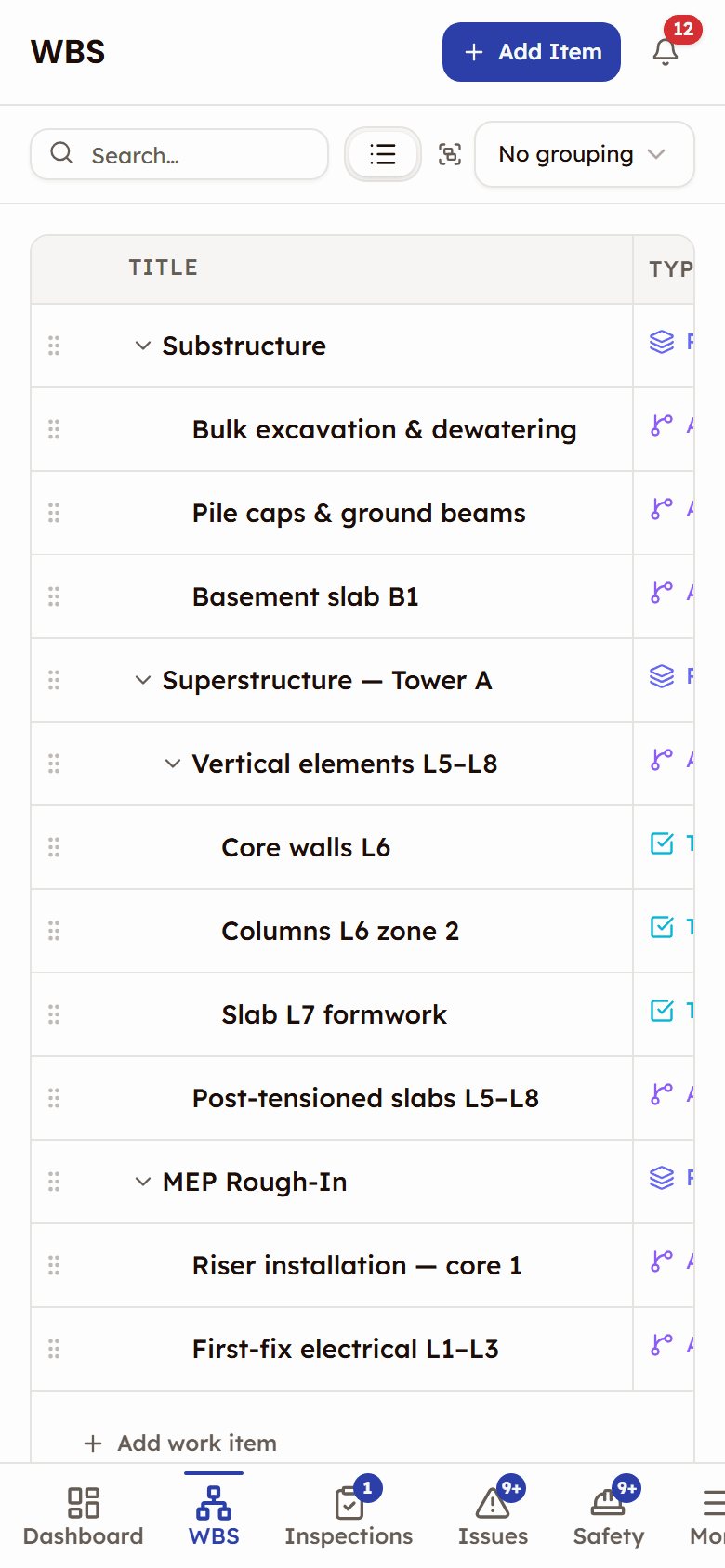 PleoStack WBS list view on a phone