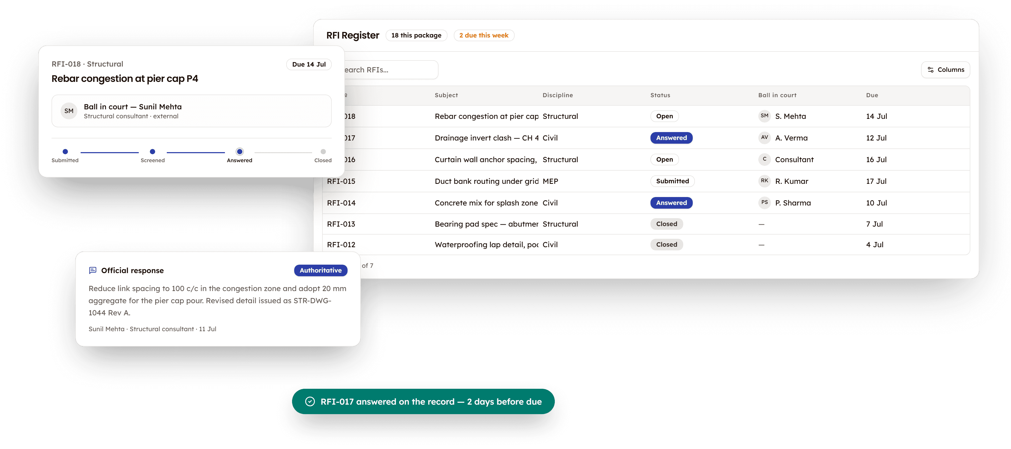PleoStack RFI register showing ball-in-court routing and official response