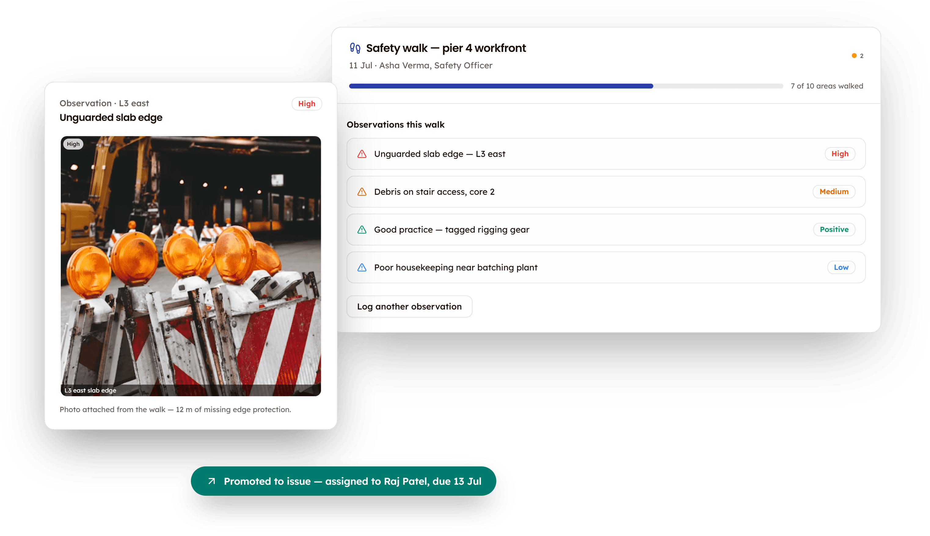 PleoStack Safety Walks interface showing observation logging with photo evidence
