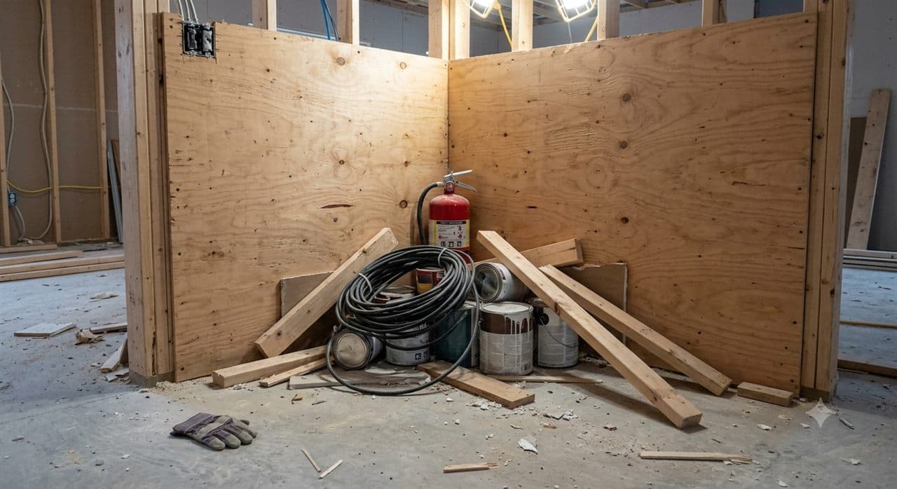 Cluttered corner with combustible waste before cleanup