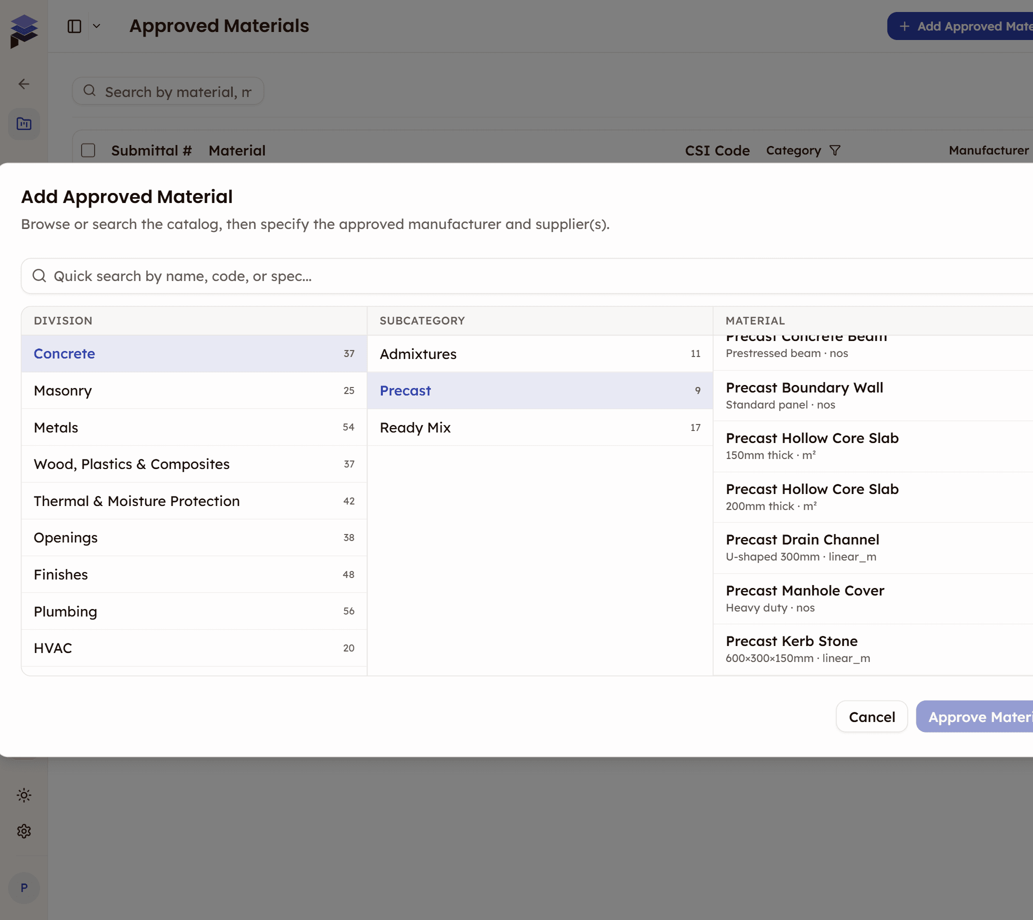 PleoStack Material Submittals interface showing CSI catalog browser