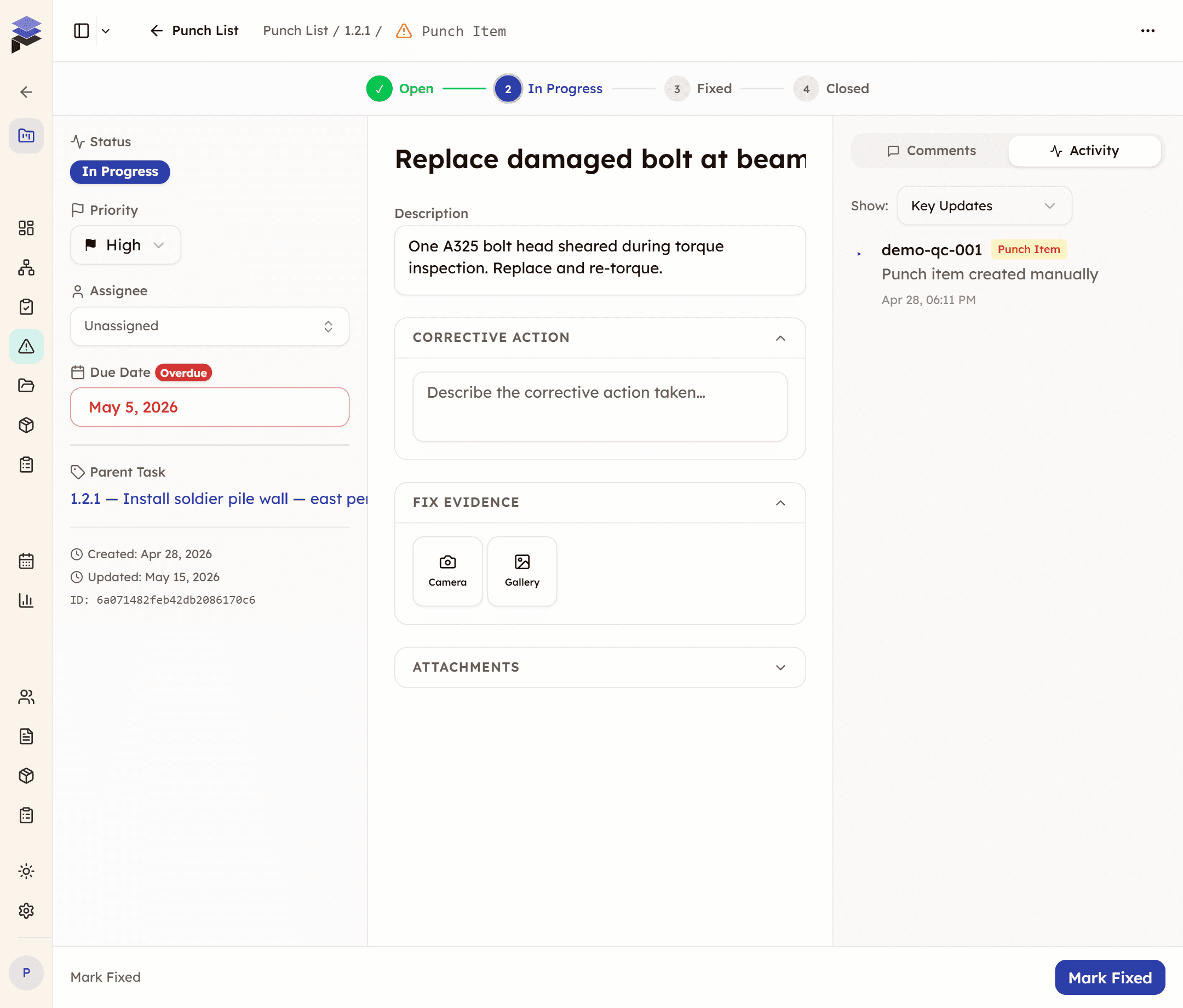 PleoStack Punch List interface showing defect tracking with status workflow