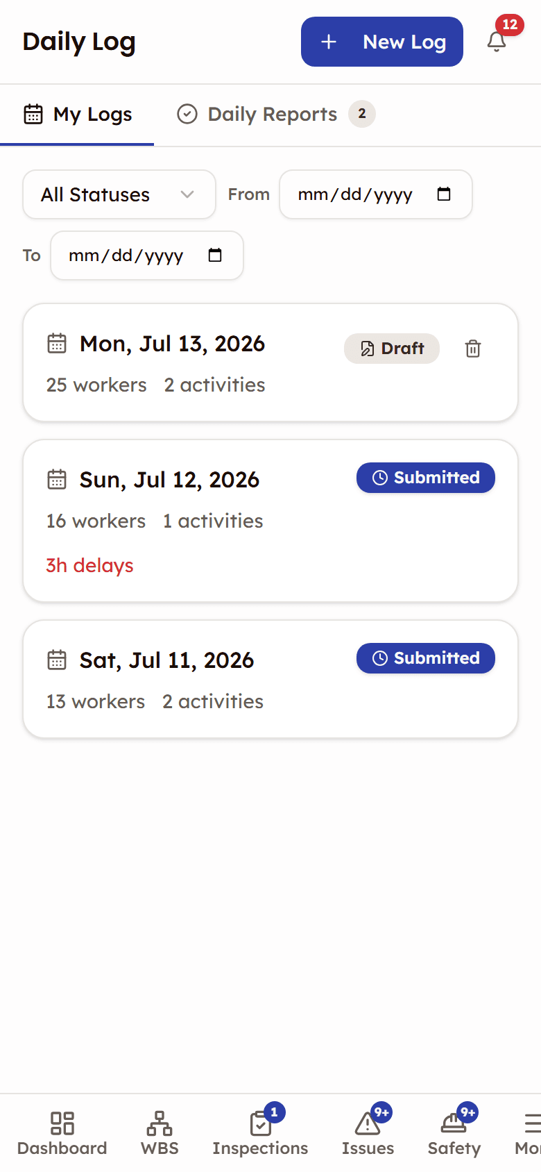 PleoStack daily log list on a phone