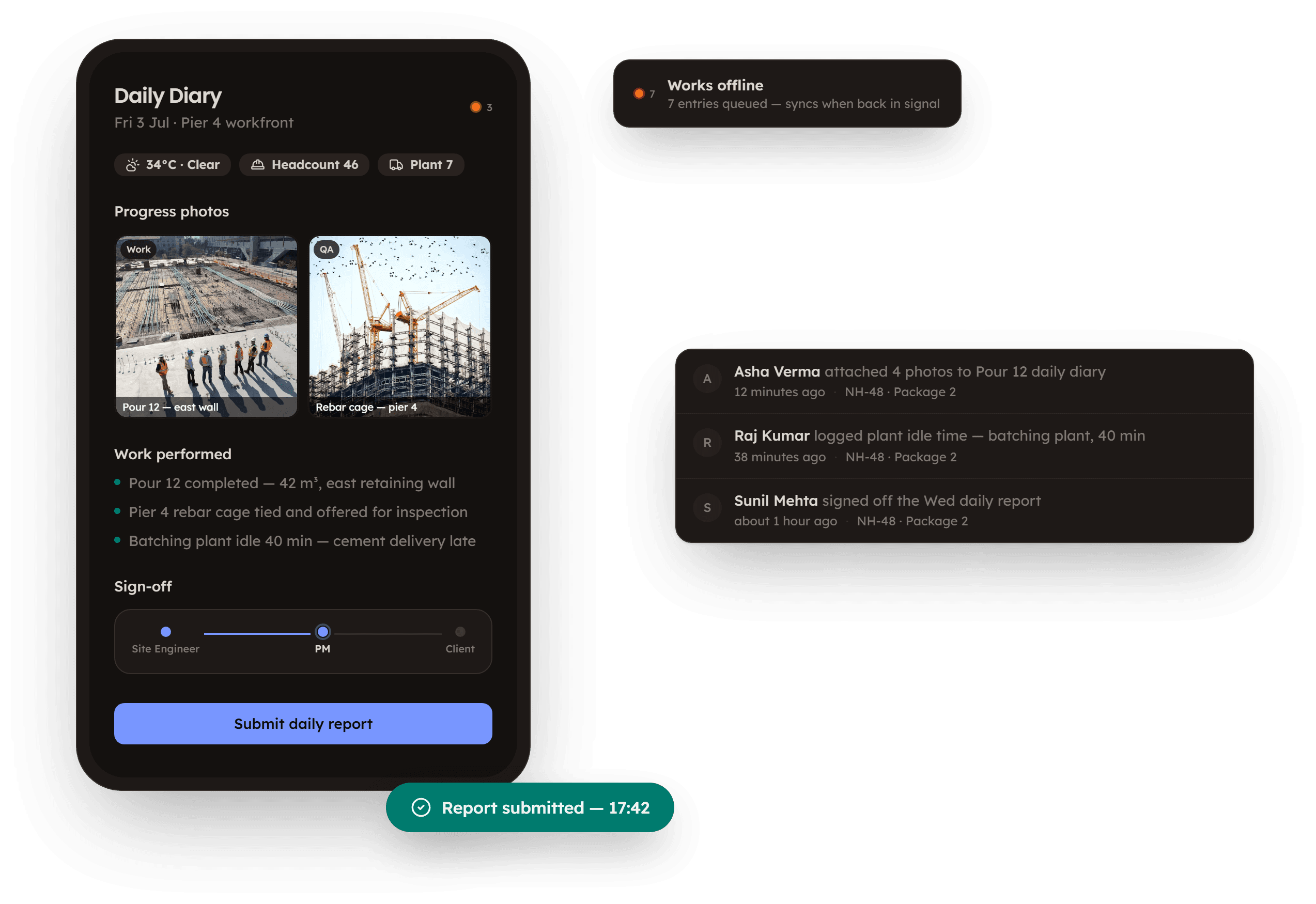 Site diary in the PleoStack Construction Hub