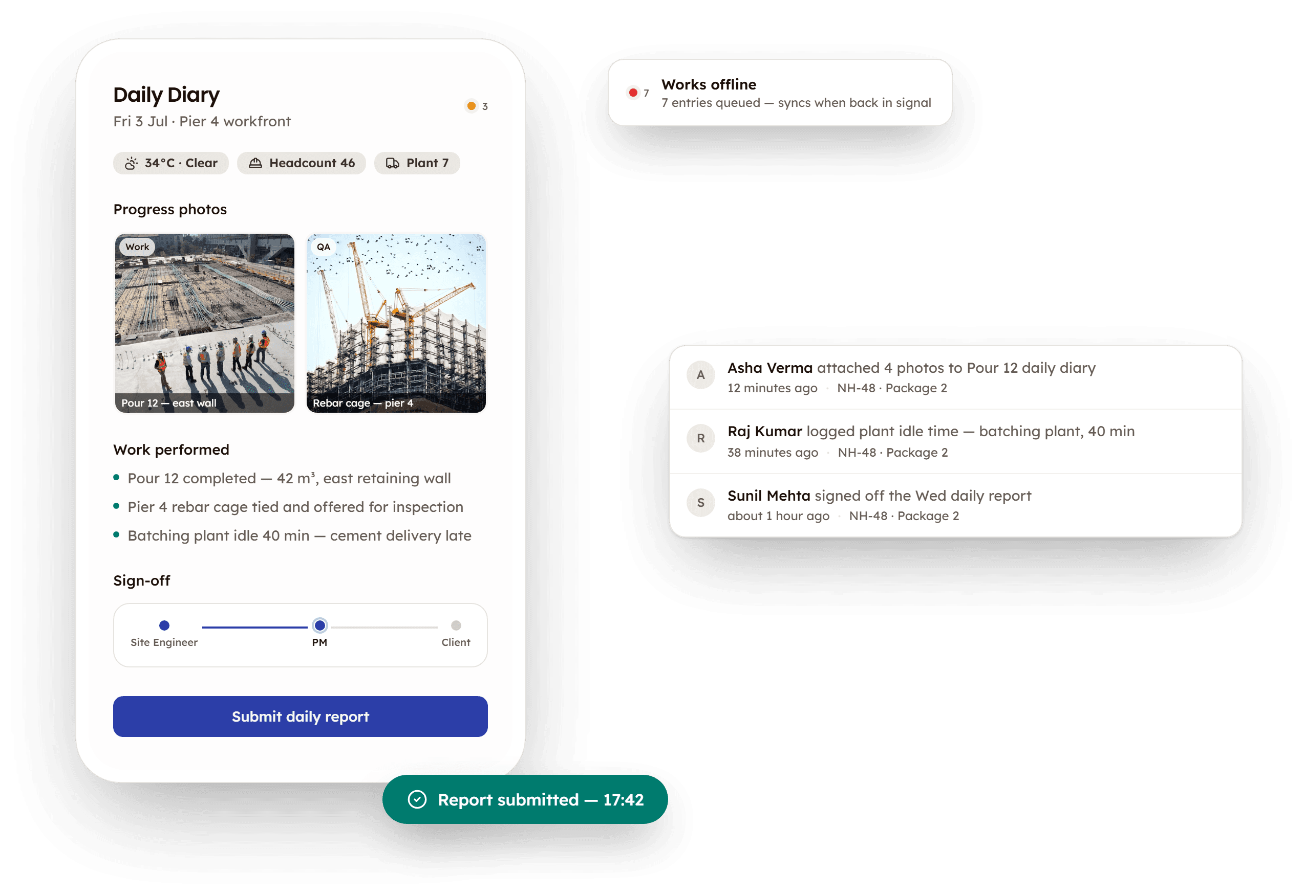 Site diary in the PleoStack Construction Hub