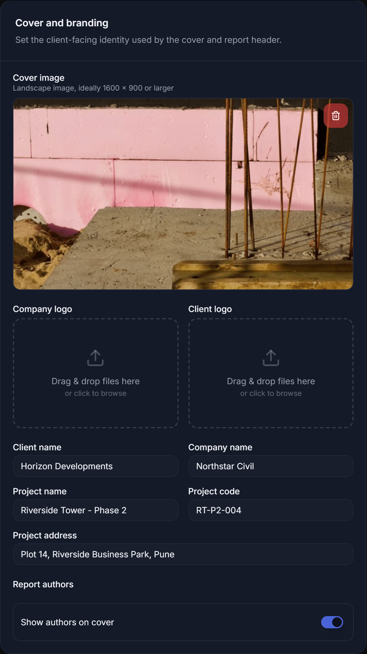 The Cover and branding panel with company, client, project name, project code and address filled in, and a site photograph as the cover image