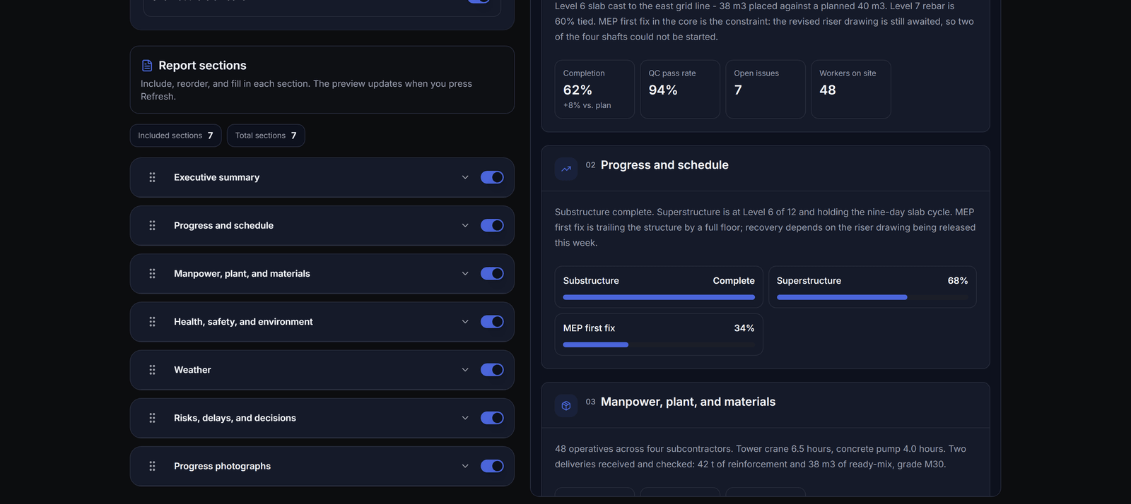 The free PleoStack report builder: the daily report section list on the left, and the branded client-facing preview on the right