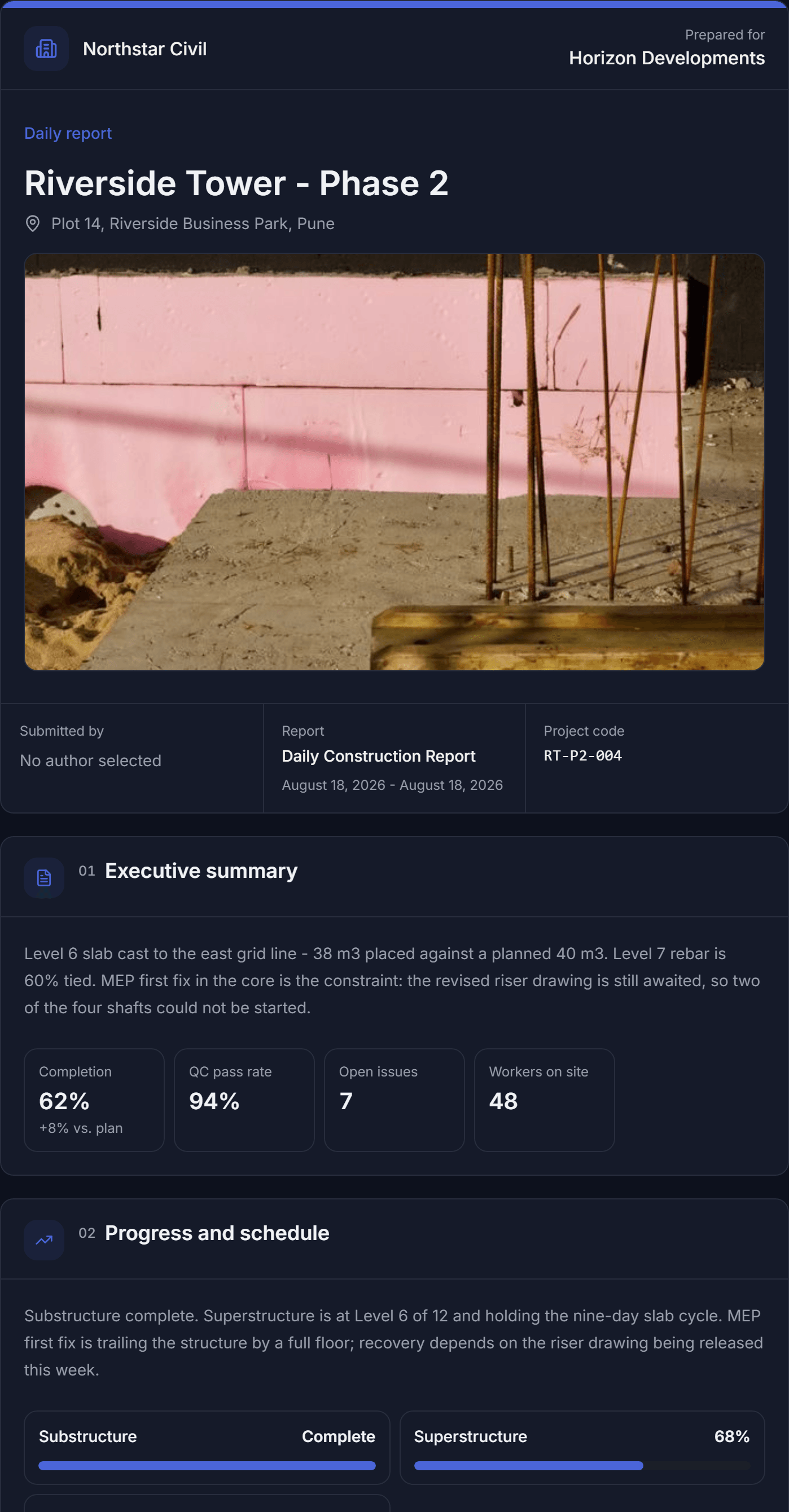 The live preview showing a completed daily construction report: cover, project details, executive summary with metrics, and progress bars