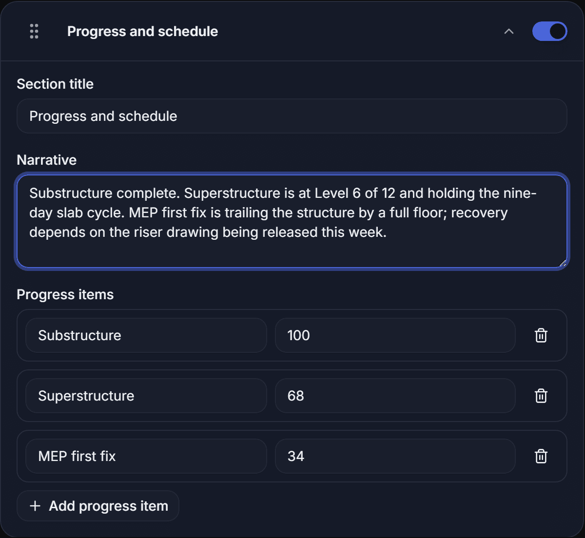 The Progress and schedule section expanded, showing a narrative field and editable progress items for substructure, superstructure and MEP first fix