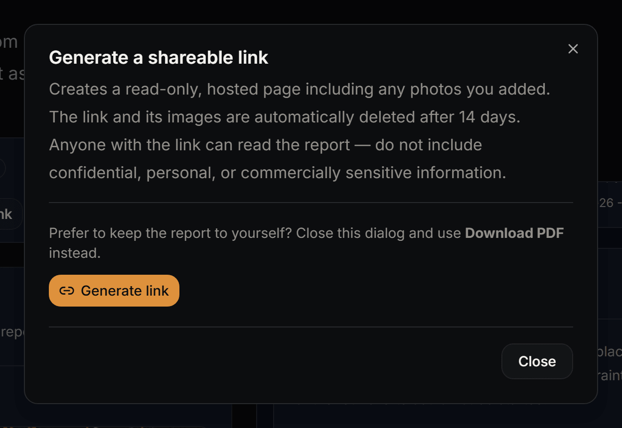 The Generate a shareable link dialog explaining that hosted links and images are deleted after 14 days