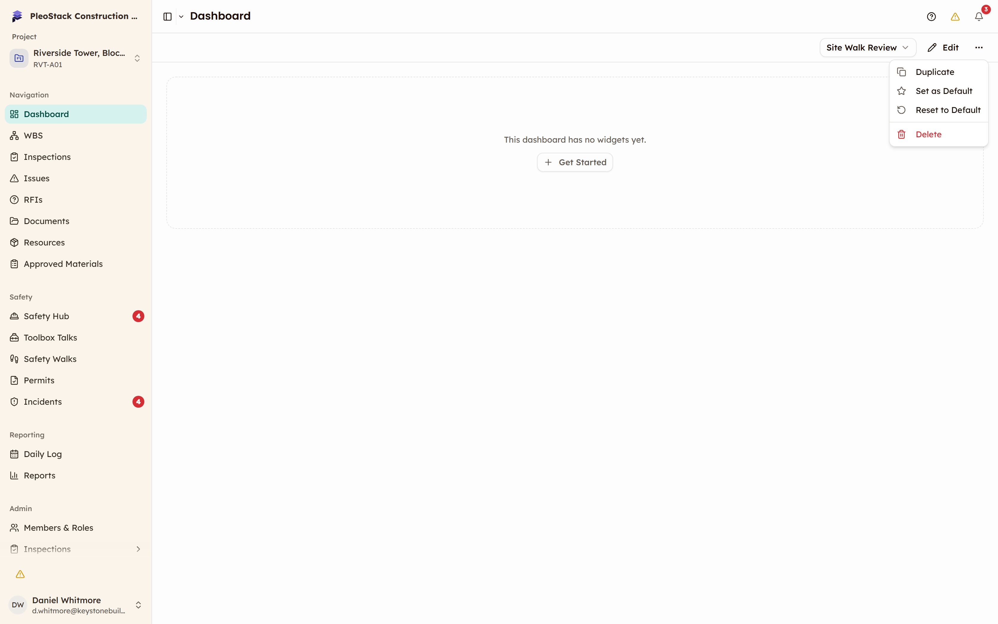 The dashboard actions menu open showing Duplicate, Set as Default, Reset to Default and Delete