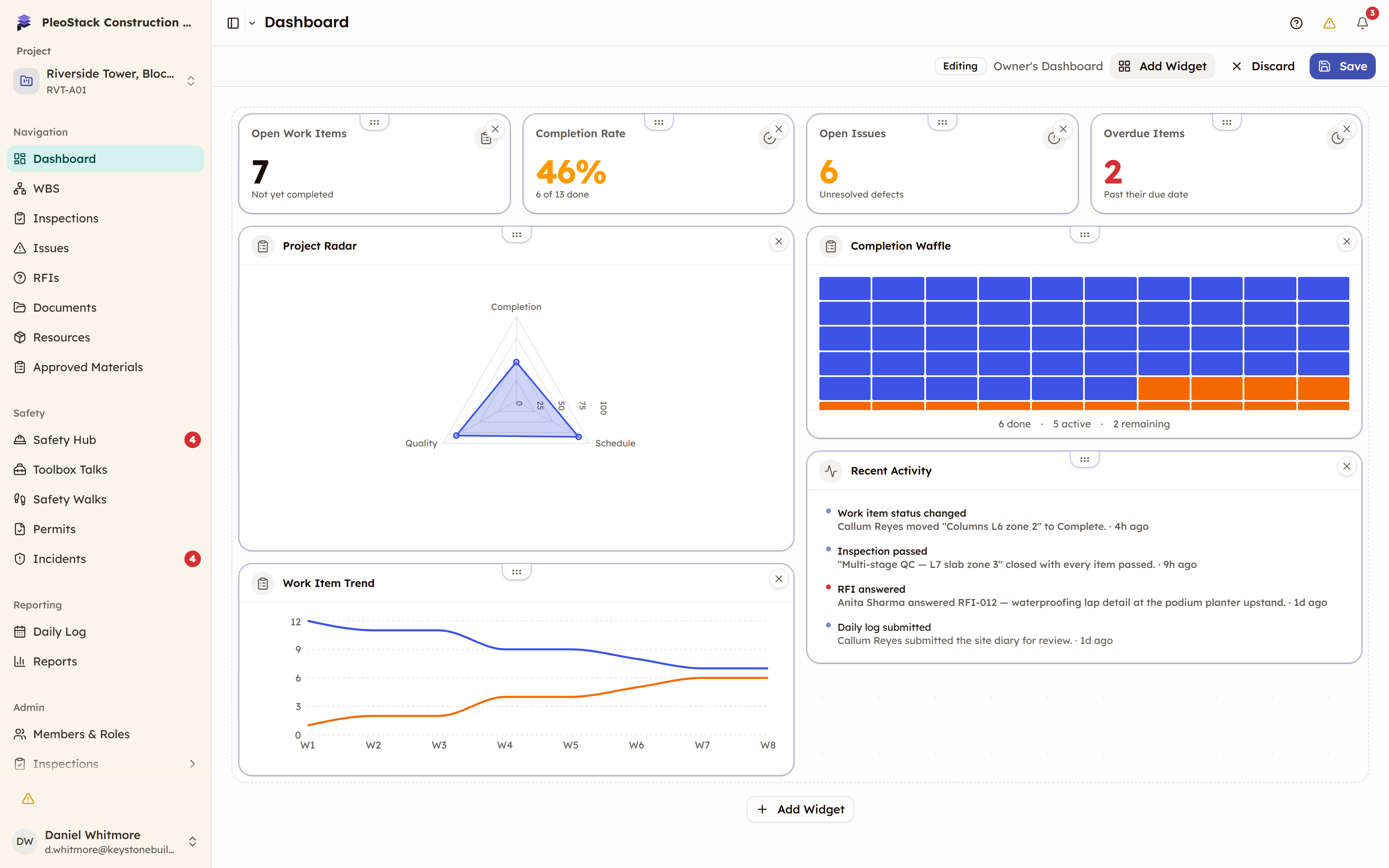 A dashboard in edit mode showing the Editing badge, dotted grid, a widget drag handle and the Save button