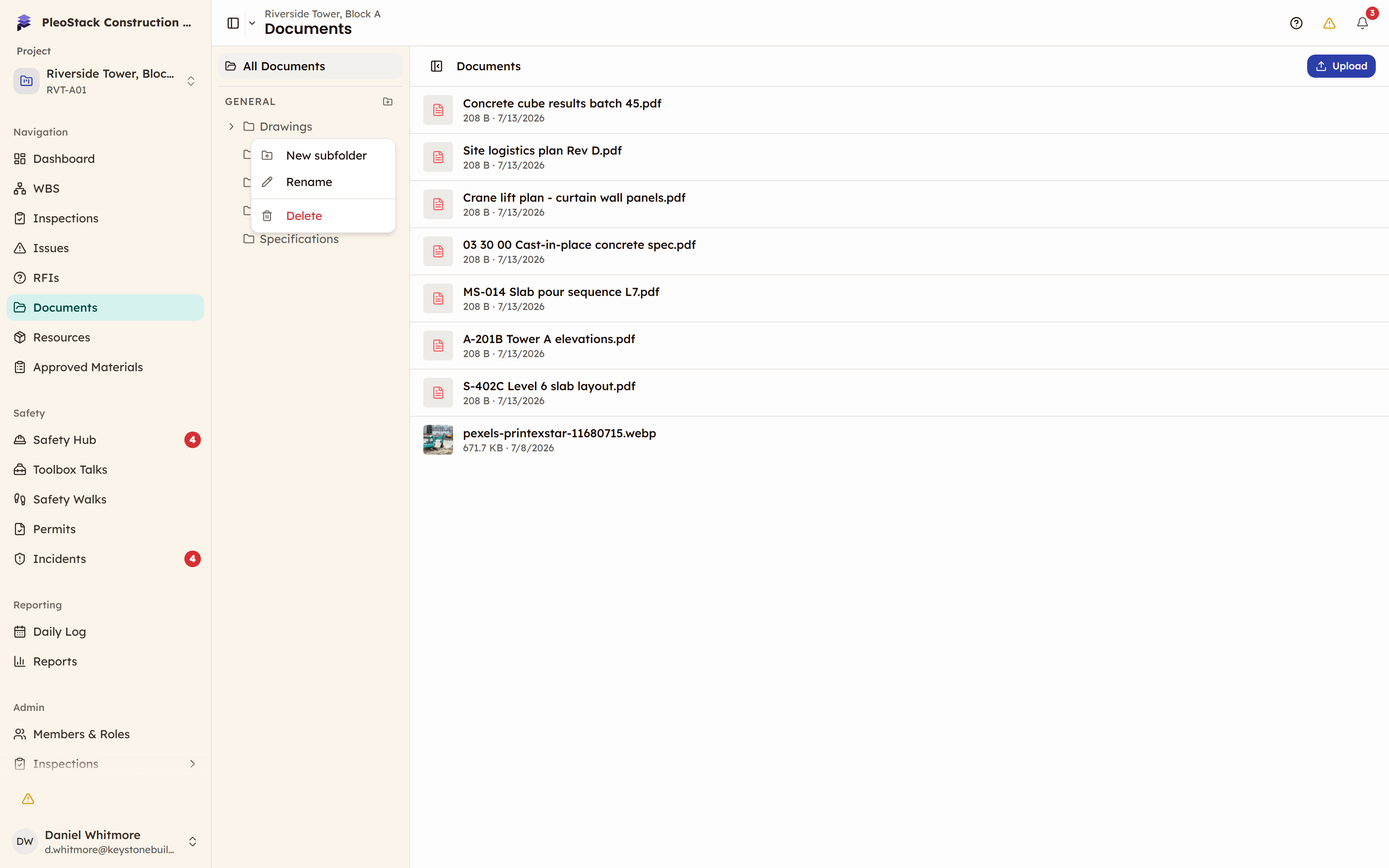 The folder rail with a folder expanded and its Options menu open, showing New subfolder, Rename and Delete