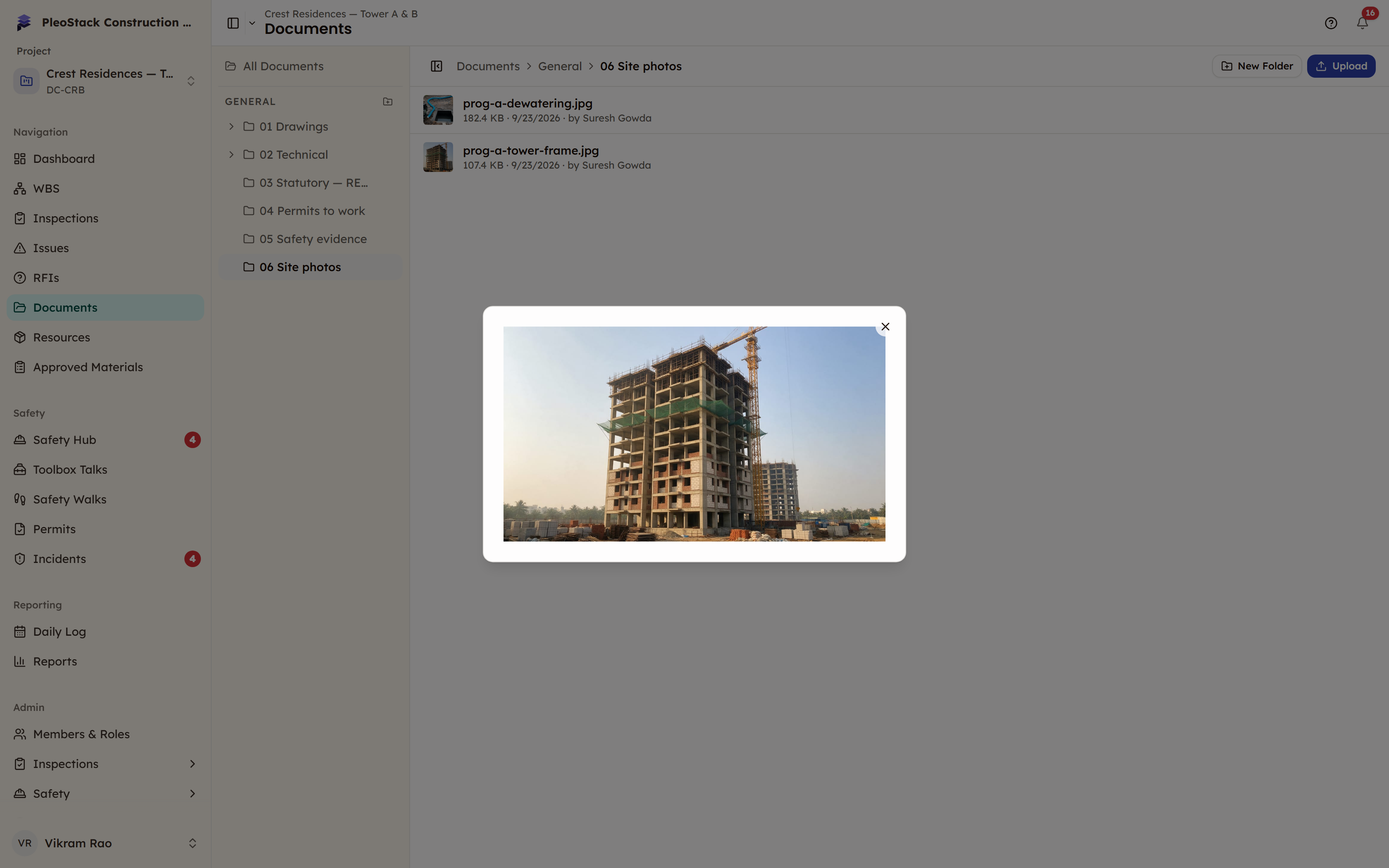 A site photo from the 06 Site photos folder open in a preview over the library, with a close control in the top-right corner