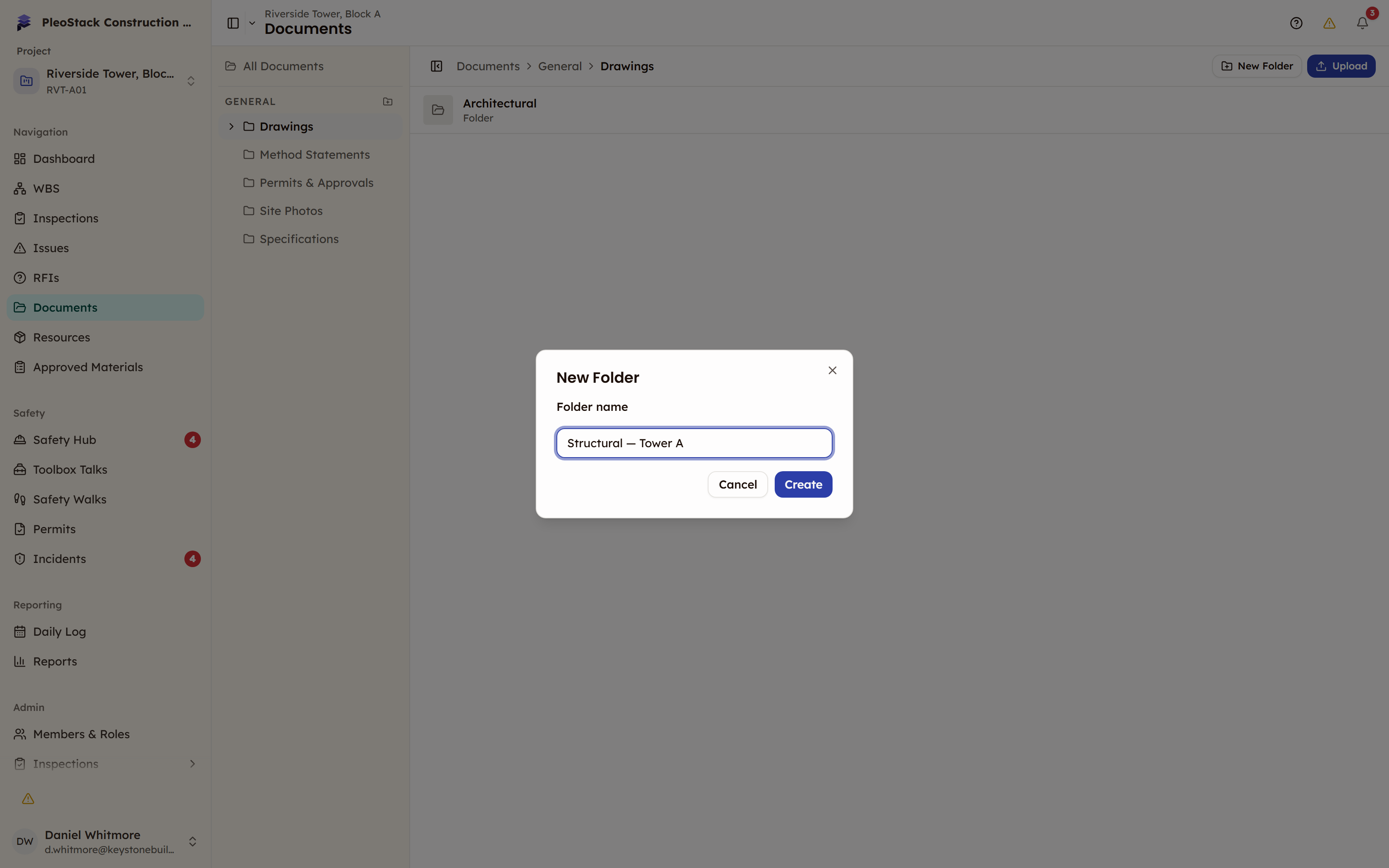 The New Folder dialog with the Folder name field and Cancel and Create buttons