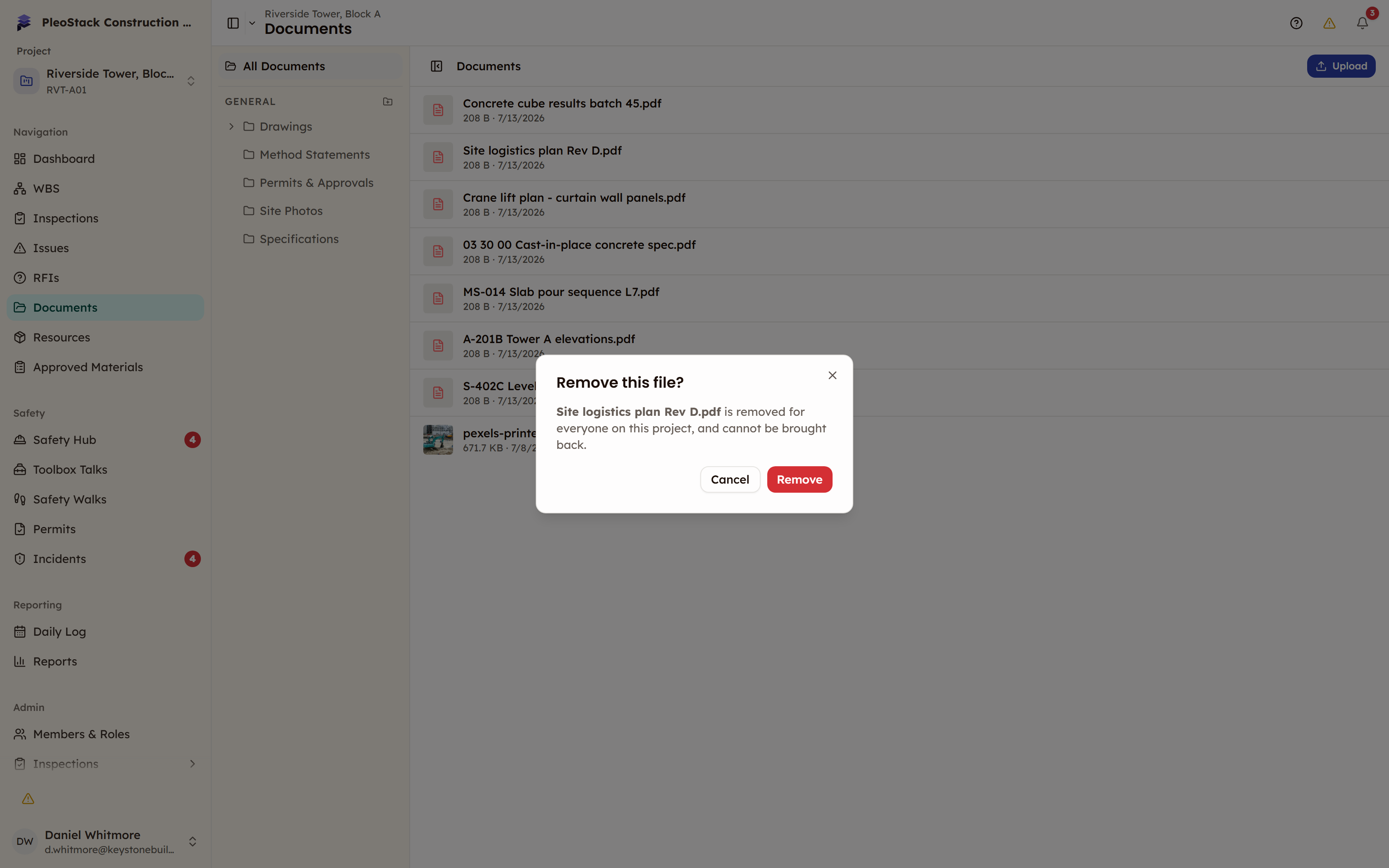The Remove this file dialog warning that the file is removed for everyone on the project