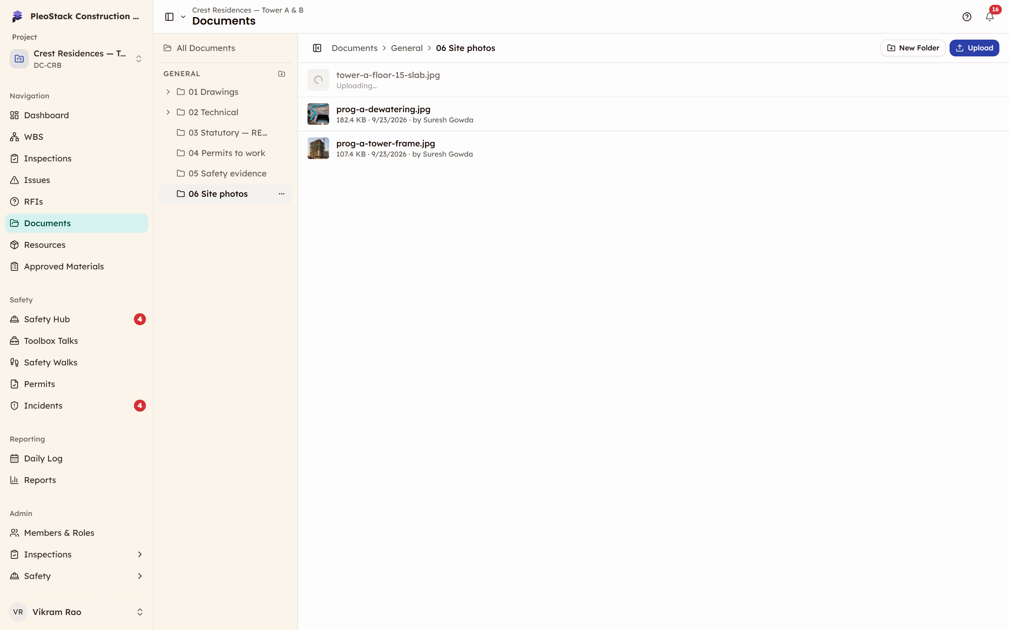 A dimmed file row with a spinner and Uploading in place of its size and date
