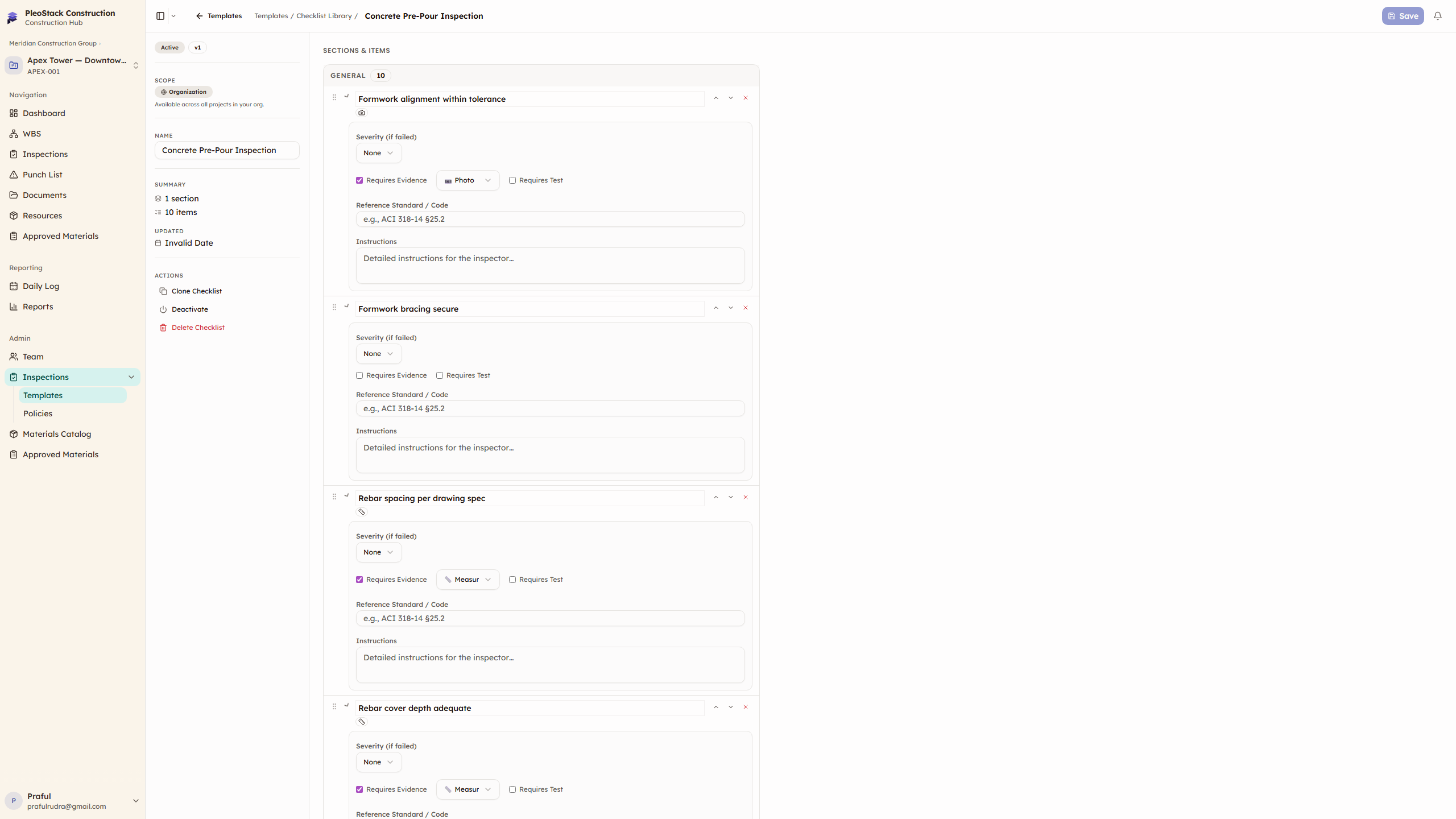Checklist builder showing items with sections, response types, and severity settings