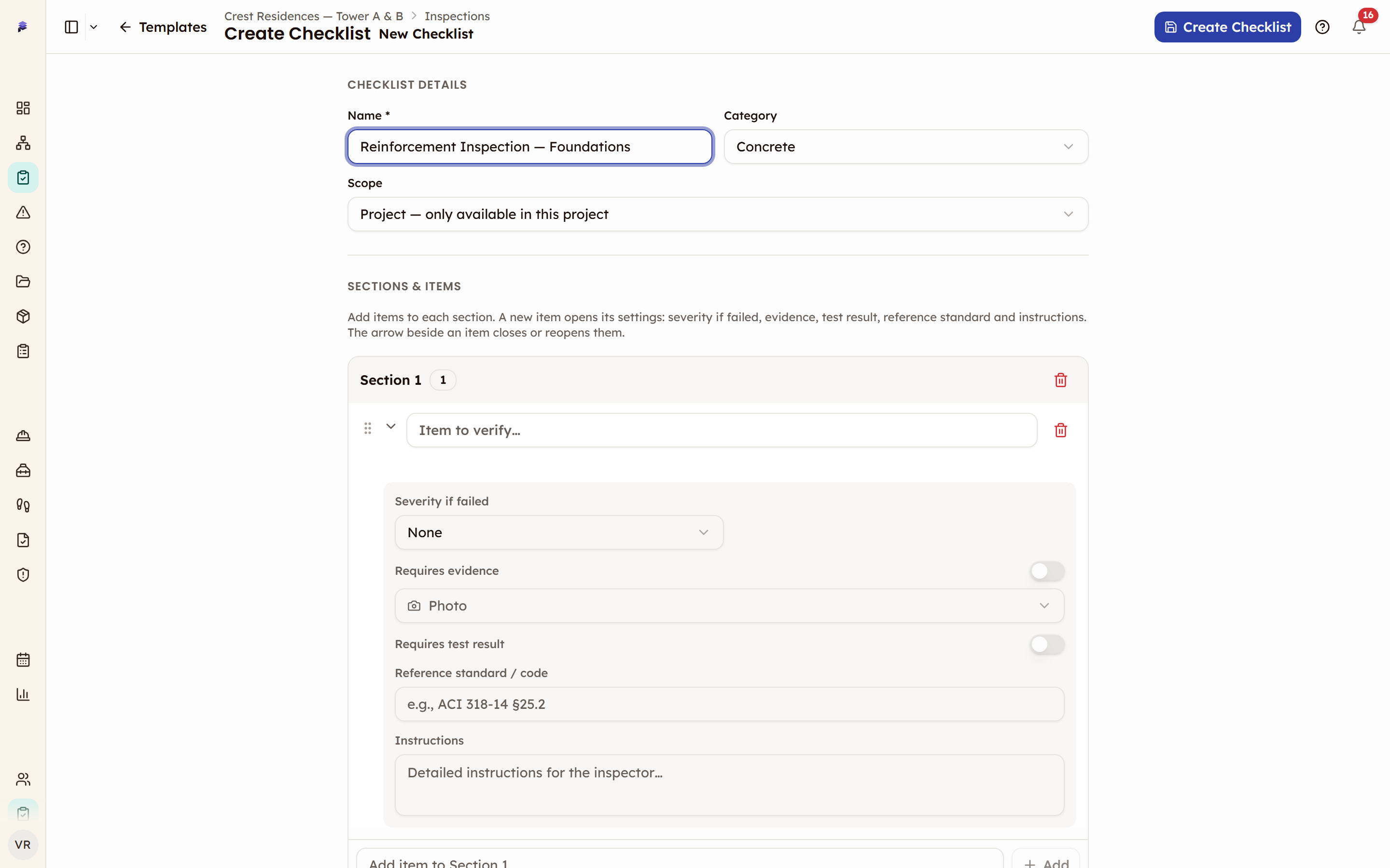 The Create Checklist page with a name, the Concrete category and Project scope filled in, and the first item's settings open below