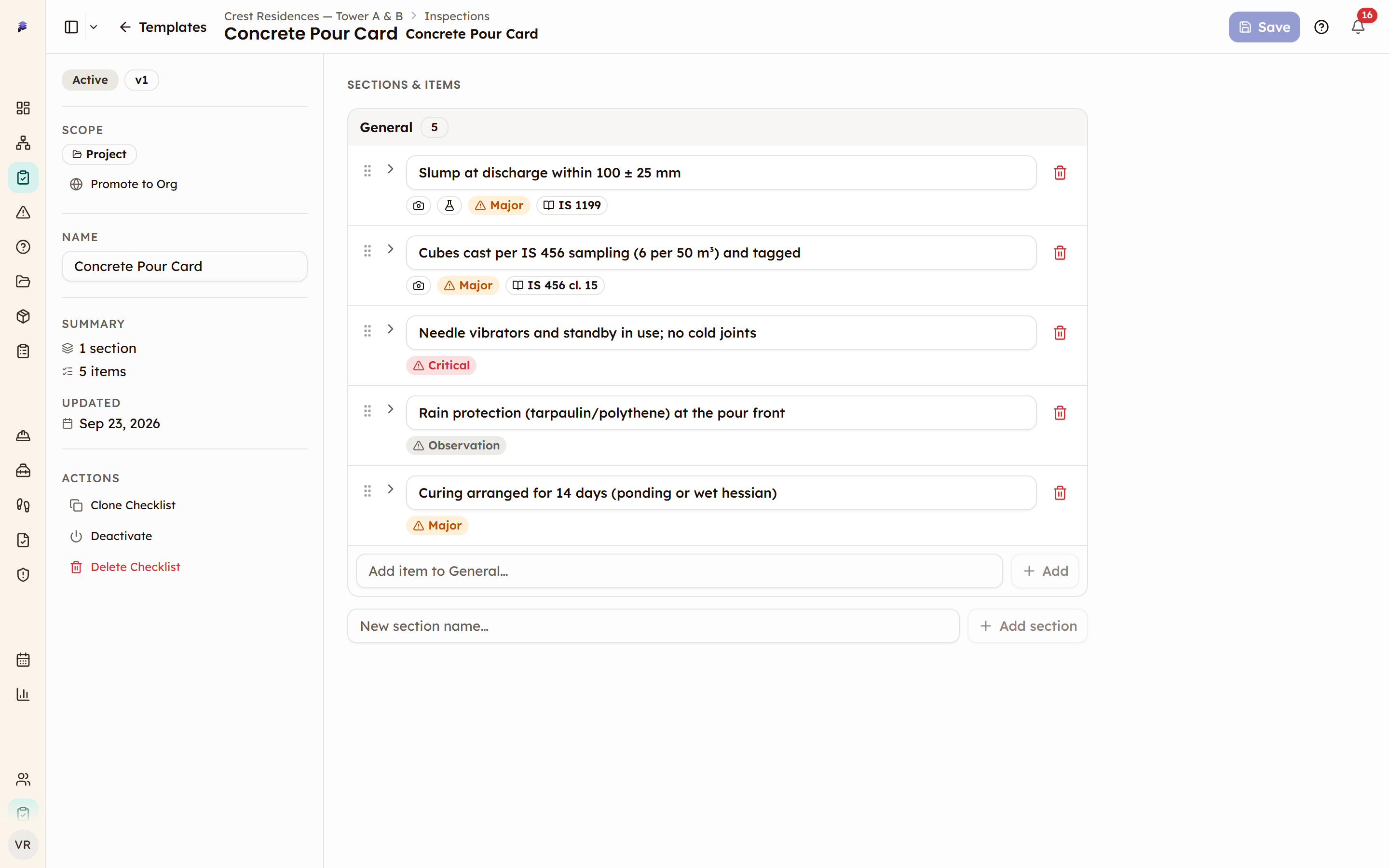 The checklist builder with items grouped under a section and the New section name box with an Add section button at the bottom