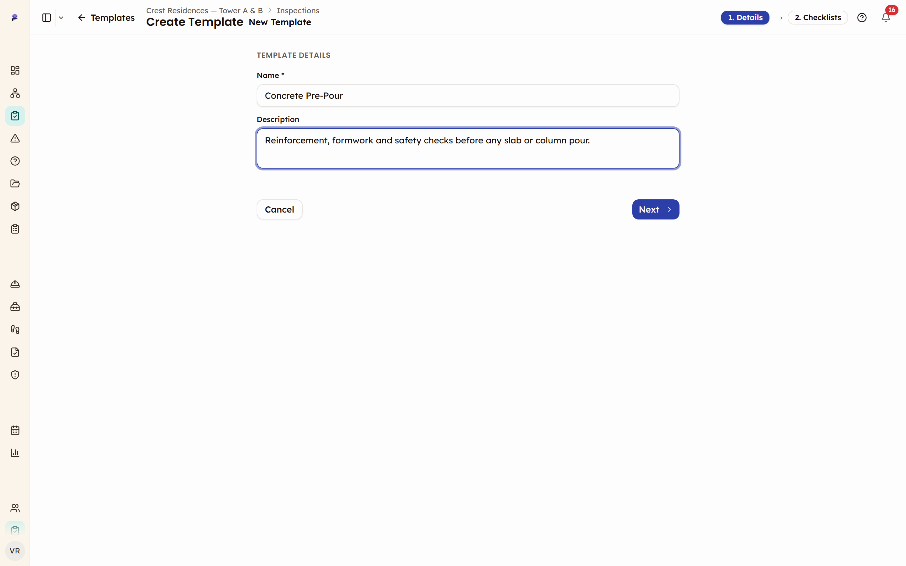 The Create Template page on its Details step with a name and description filled in and a Next button