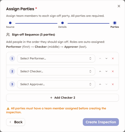 Create Inspection wizard showing party assignment step