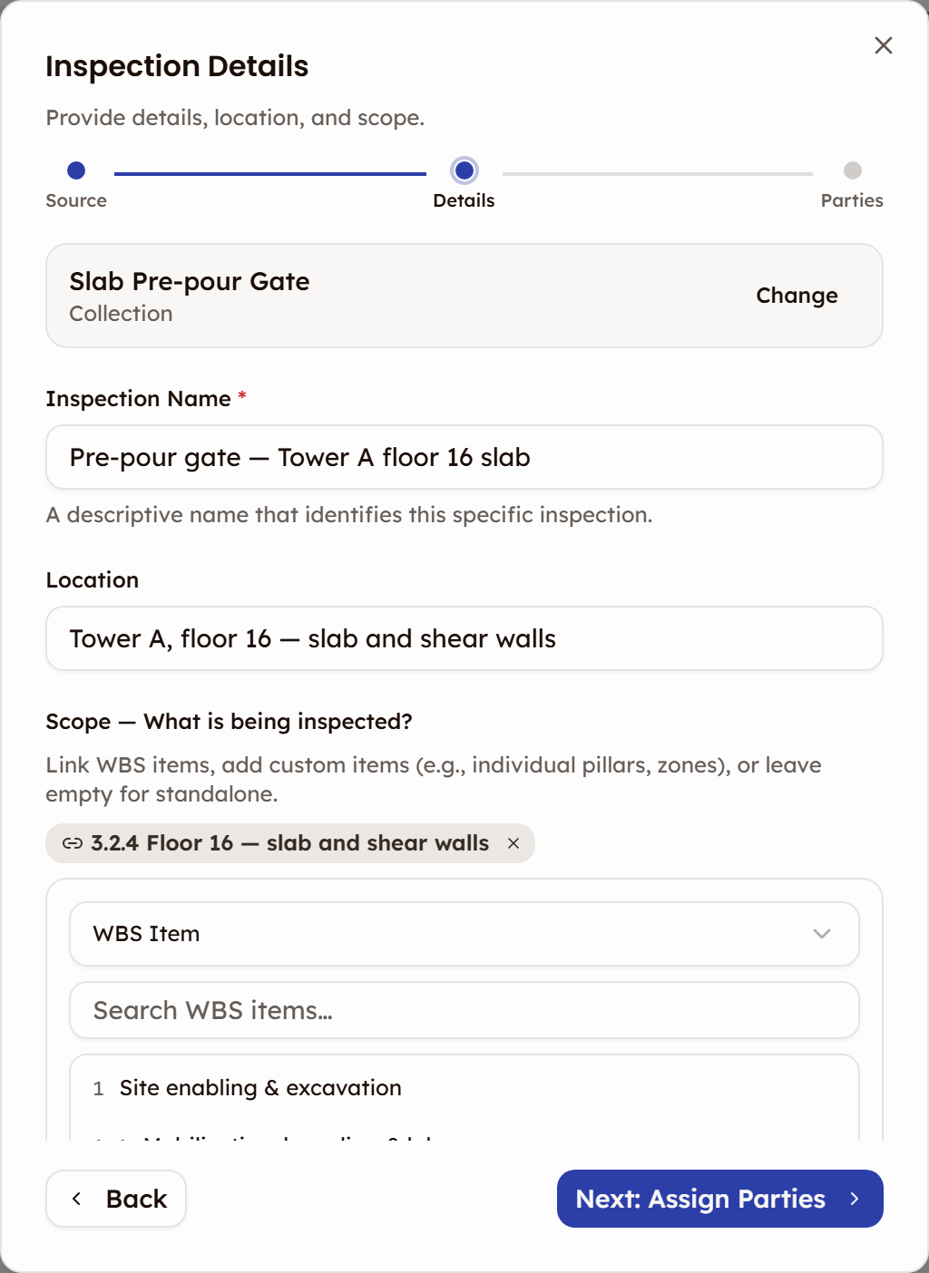 The Inspection Details step with the chosen collection, an inspection name, a location and one WBS item added to the scope