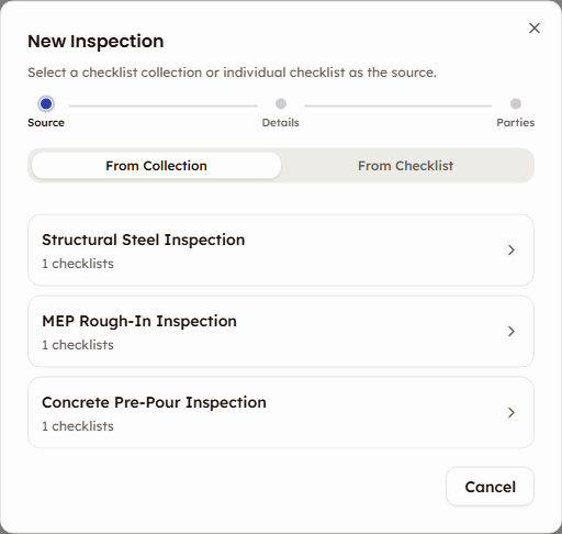 Create Inspection wizard showing collection source selection