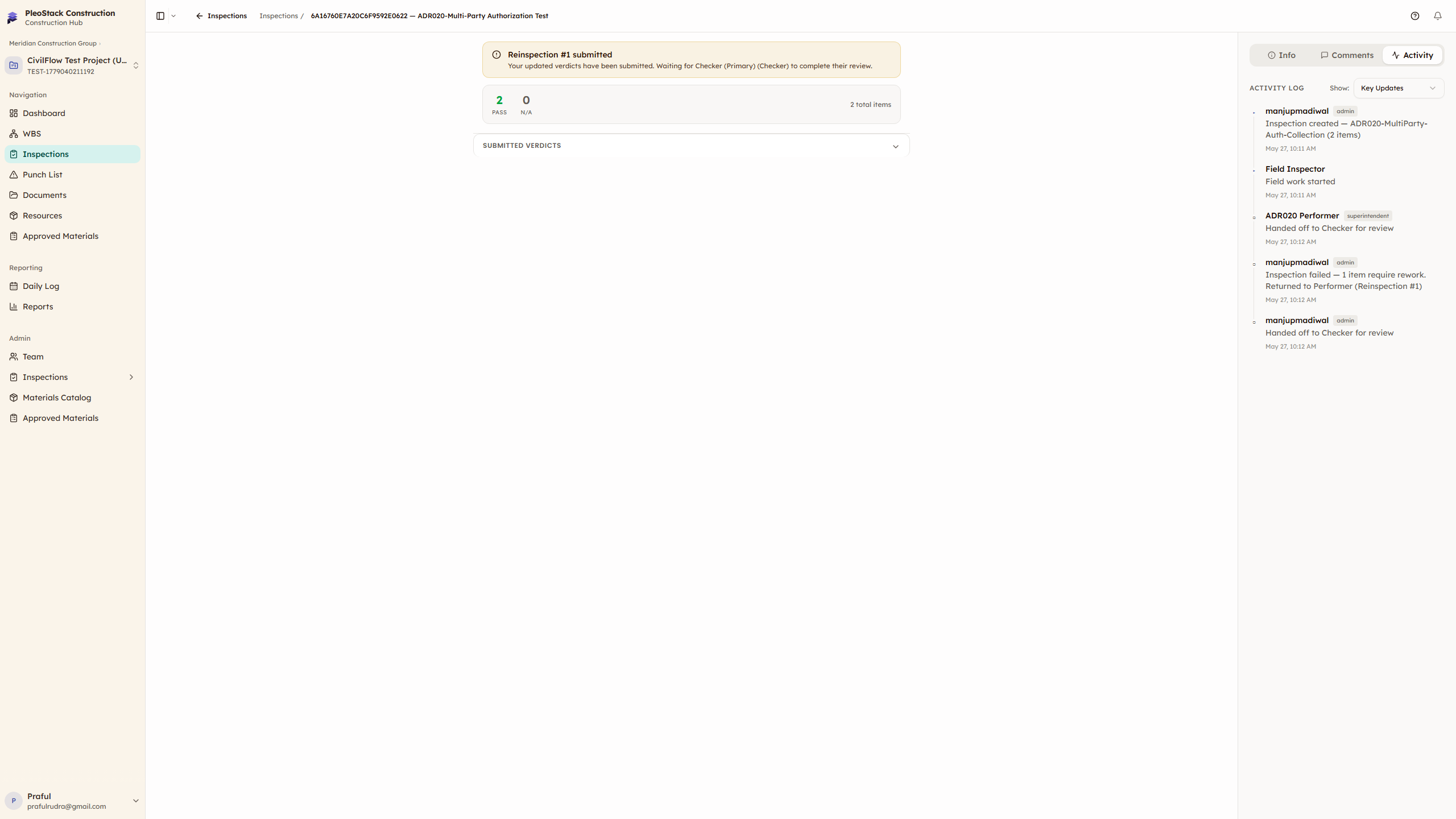 Audit trail showing timestamped events — verdicts, submissions, approvals, and rejections