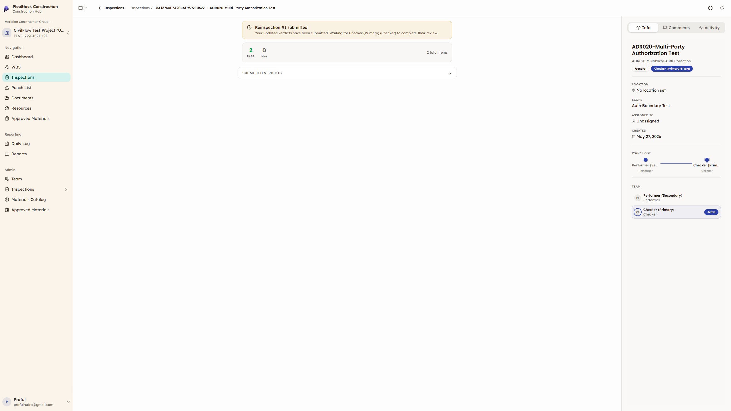 Multi-party verdict comparison table showing Performer, Checker, and Approver verdicts side by side