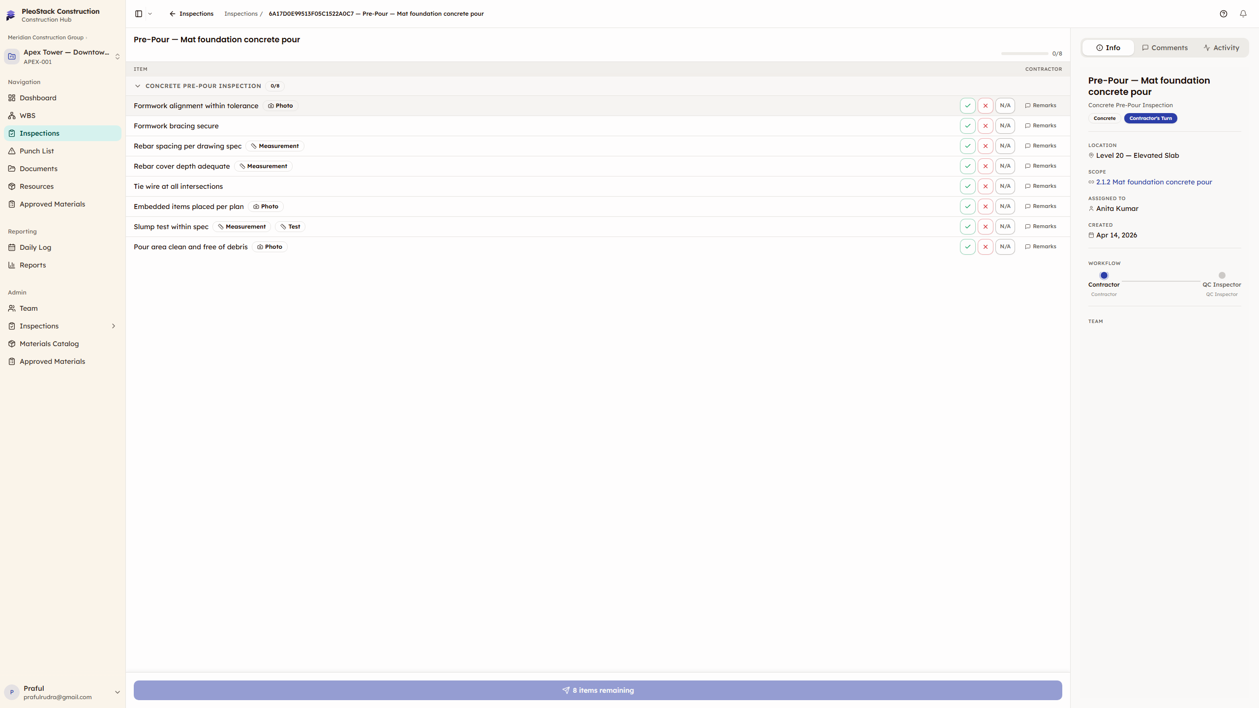 Item detail drawer showing verdict selection, notes, evidence upload, and auto-punch toggle