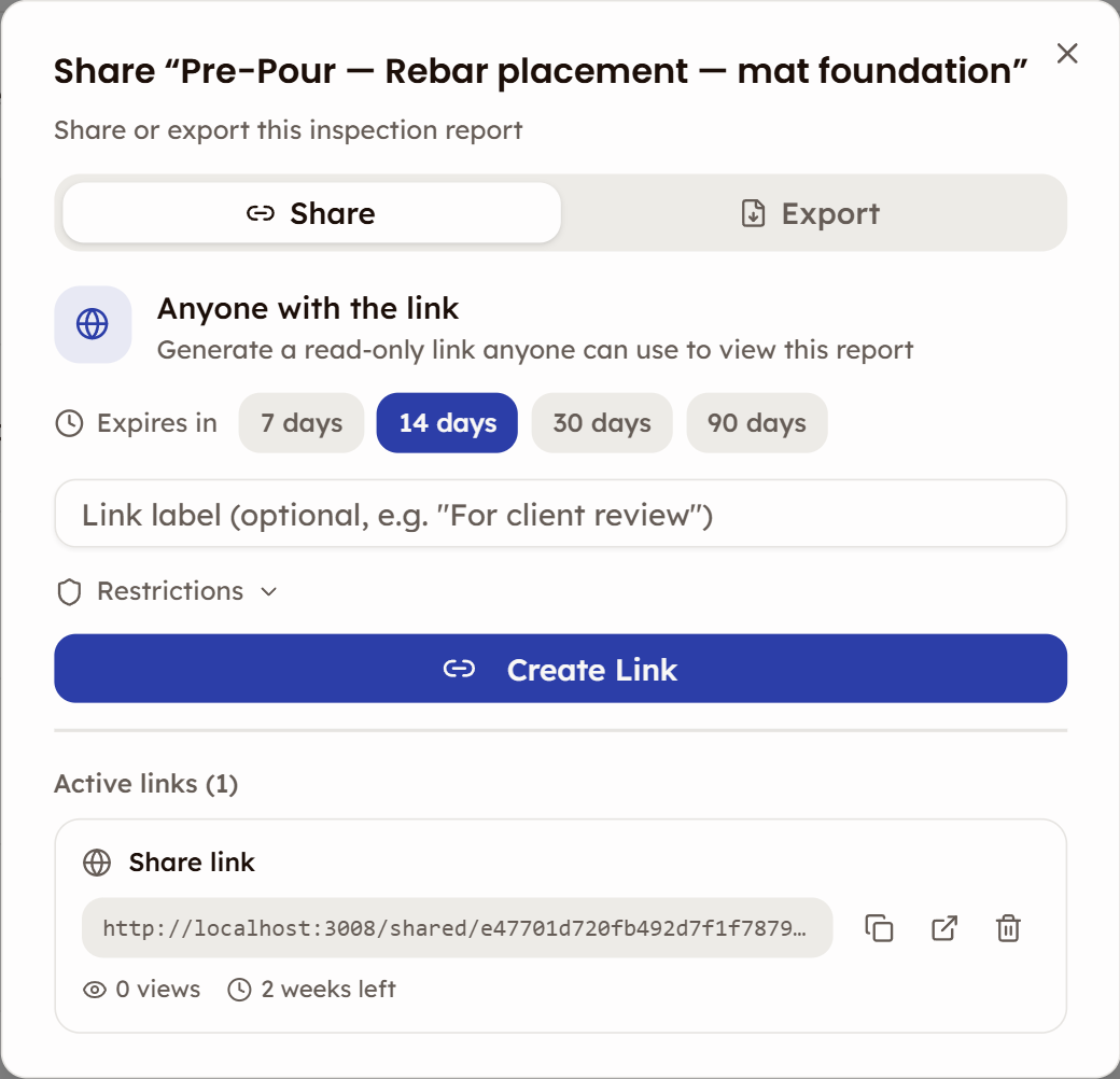 Share dialog showing link sharing options and export tab for completed inspection results