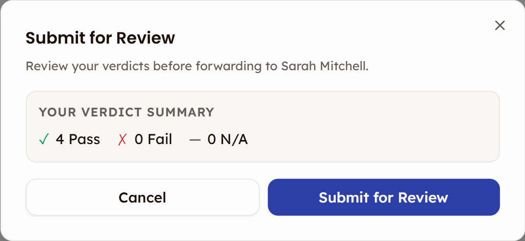 Submit for Review confirmation dialog showing verdict summary
