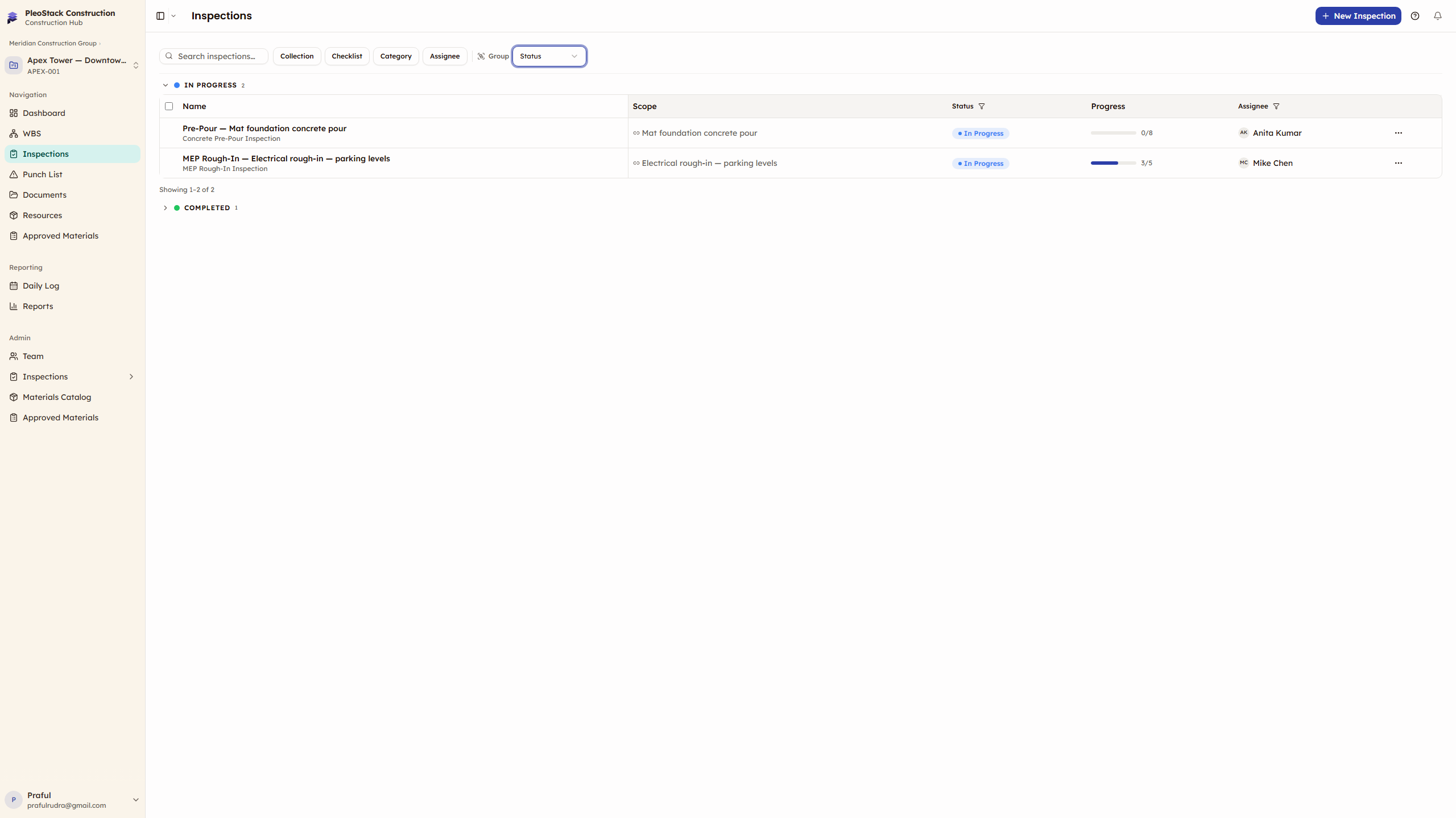 Inspections table grouped by status showing Not Started, In Progress, and Completed sections