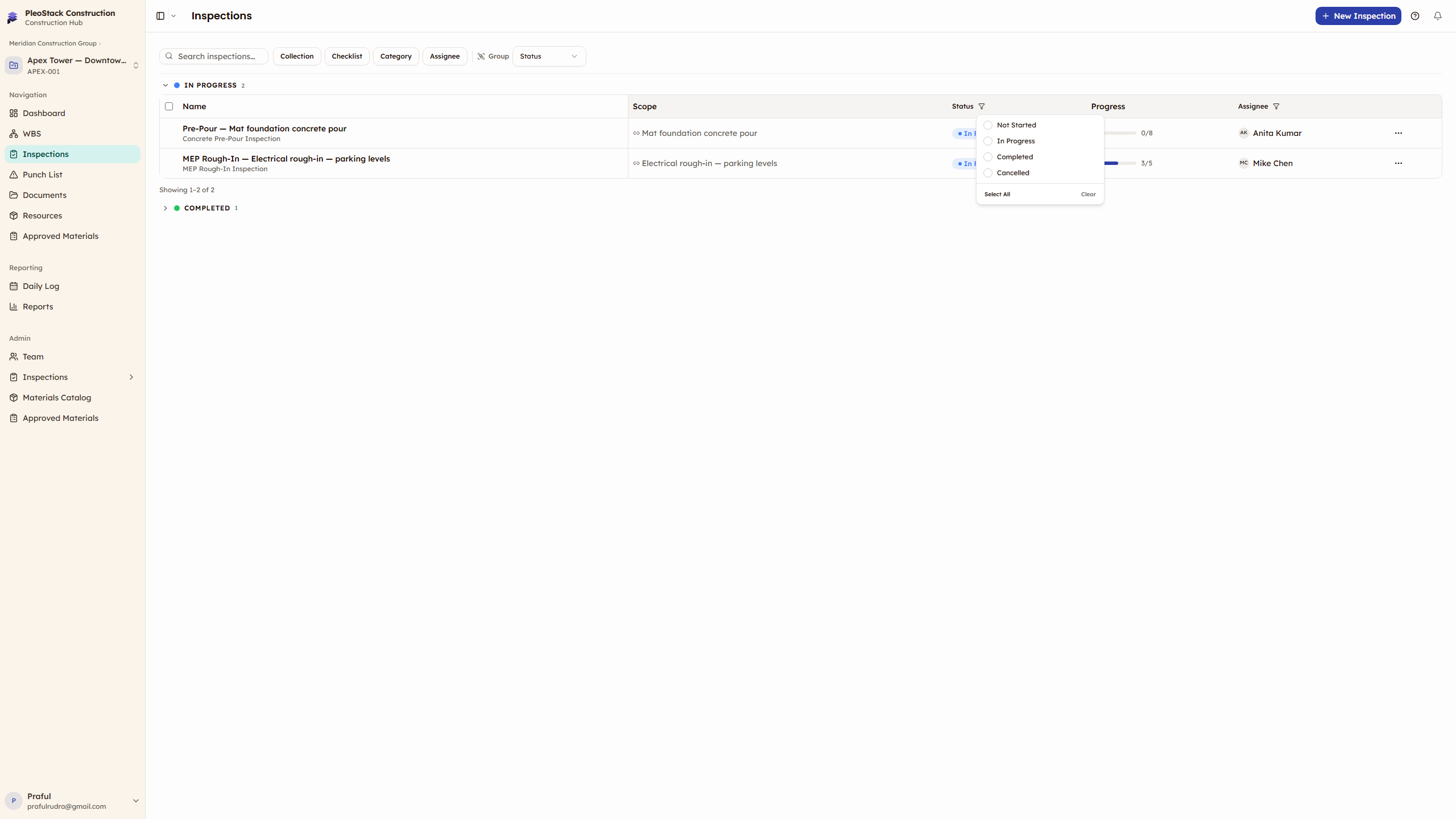 Status filter dropdown showing Not Started, In Progress, Completed, and Cancelled options