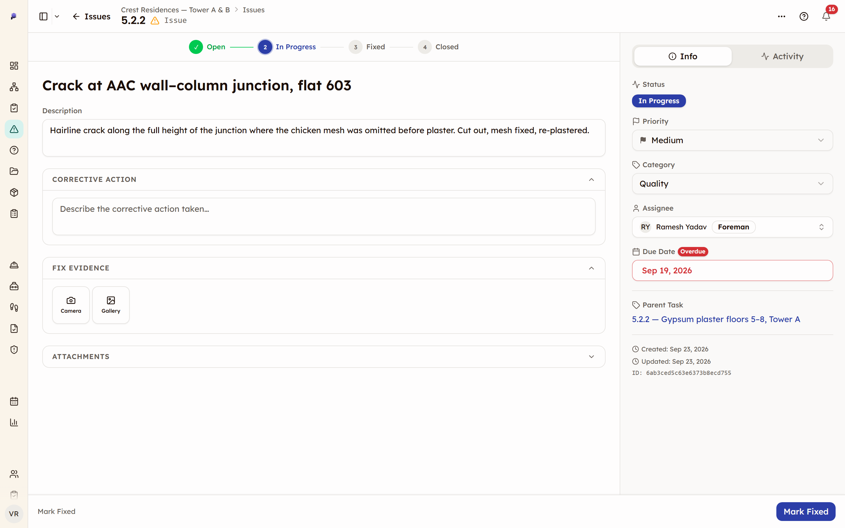 An issue in progress with the Mark Fixed button at the bottom right