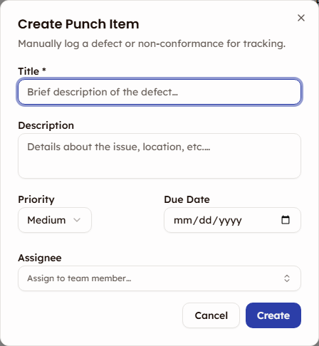 New Punch Item dialog with title, description, priority, assignee, and due date fields